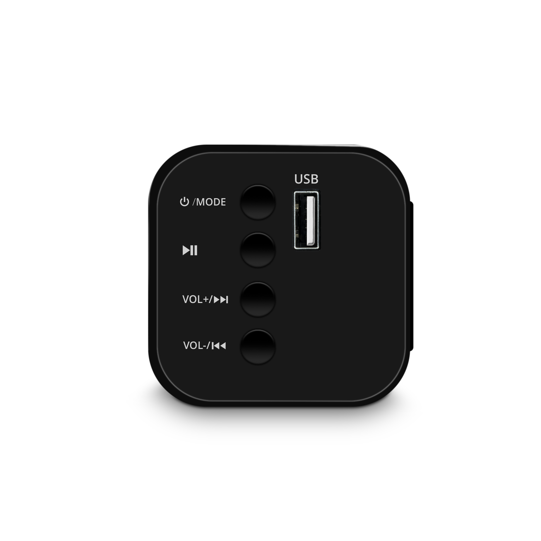 Altavoz cuadrado negro con botones y puerto USB, sobre fondo blanco.