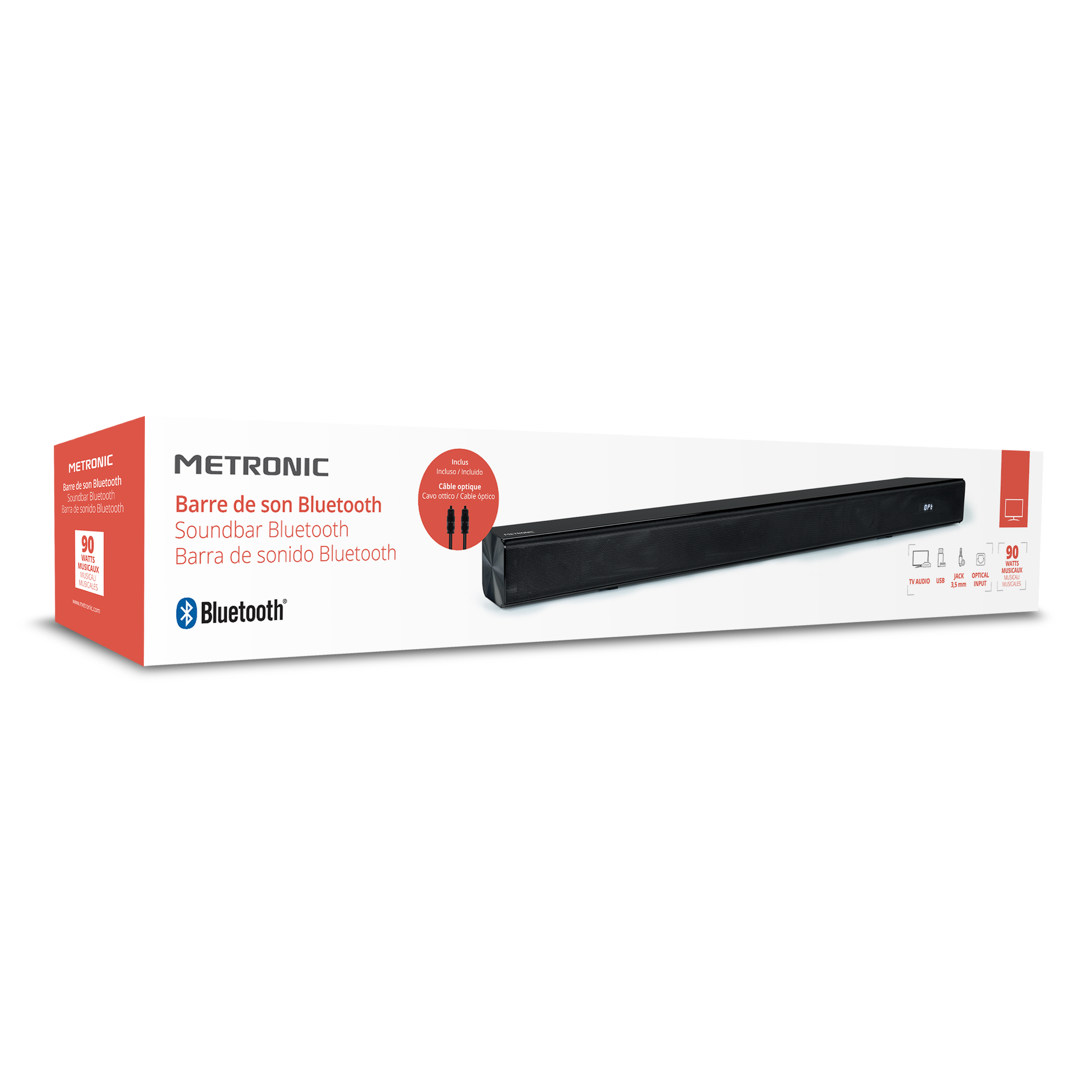 Una barra de sonido Metronic rectangular en su caja, con varios cables y el logo Bluetooth.
