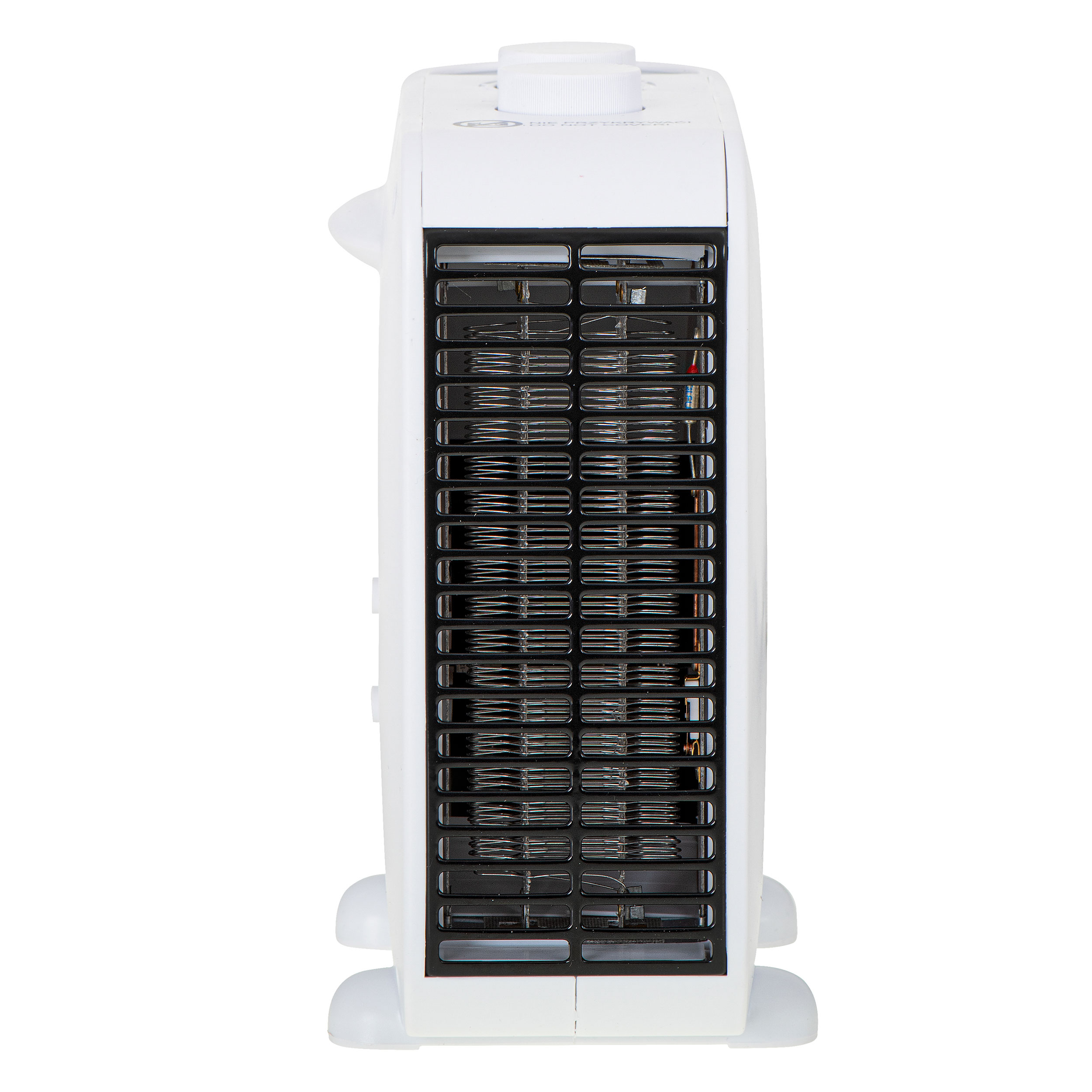 Biały wentylator wieżowy, z czarną siatką i białymi nóżkami.