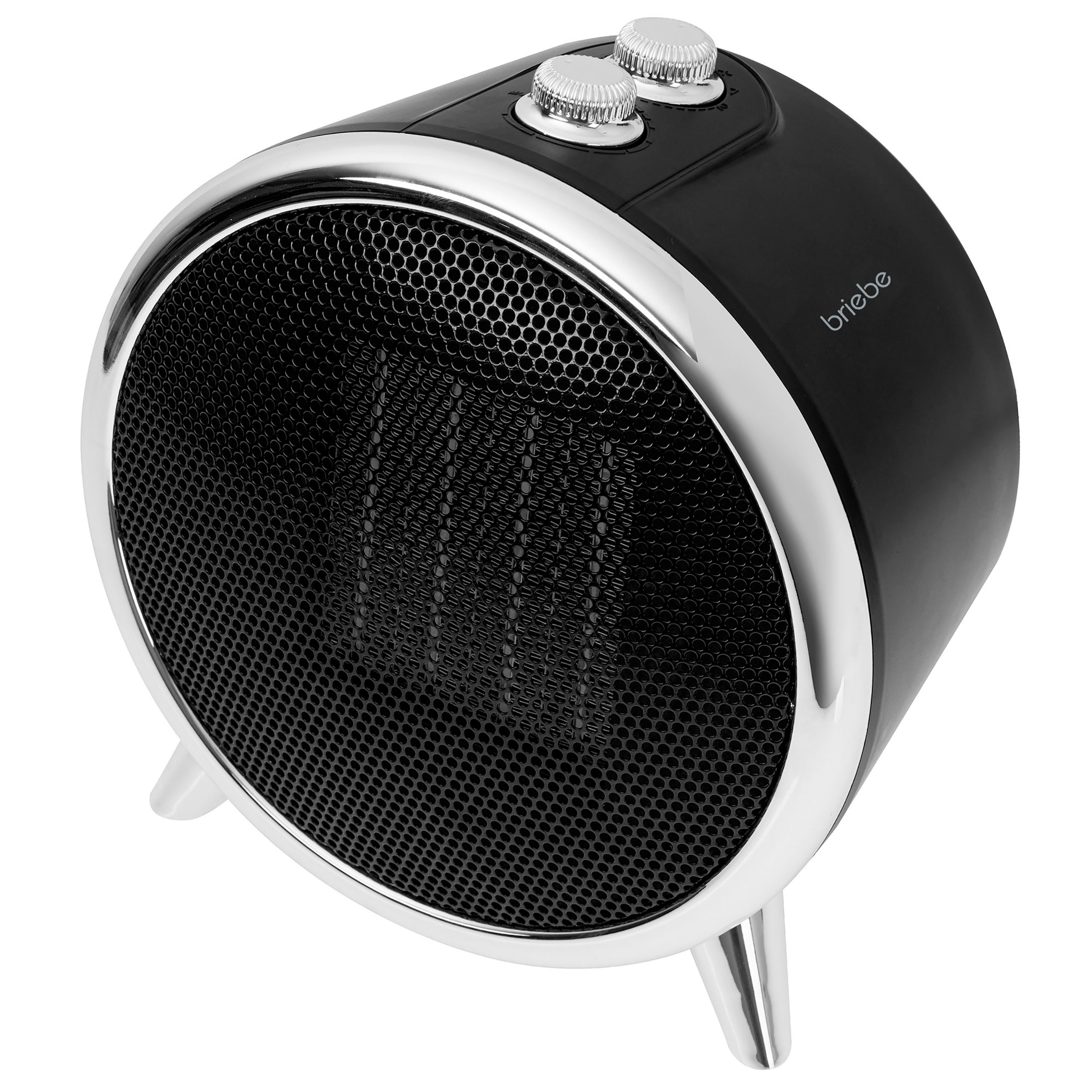 Calentador eléctrico negro y plateado con frontal de malla, controles arriba y patas pequeñas sobre blanco.