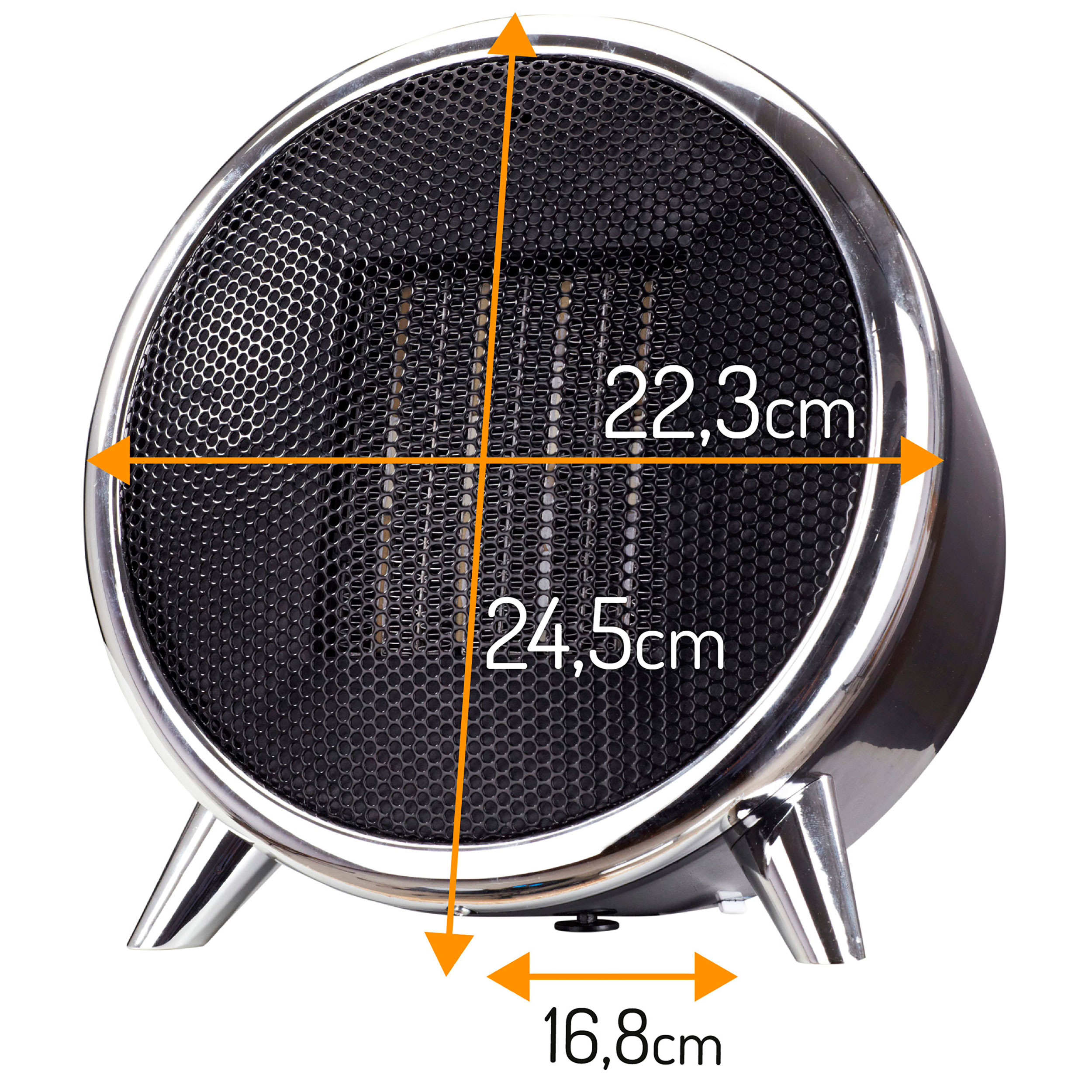 Calentador espacial negro y plateado con medidas. El calentador tiene una rejilla frontal.