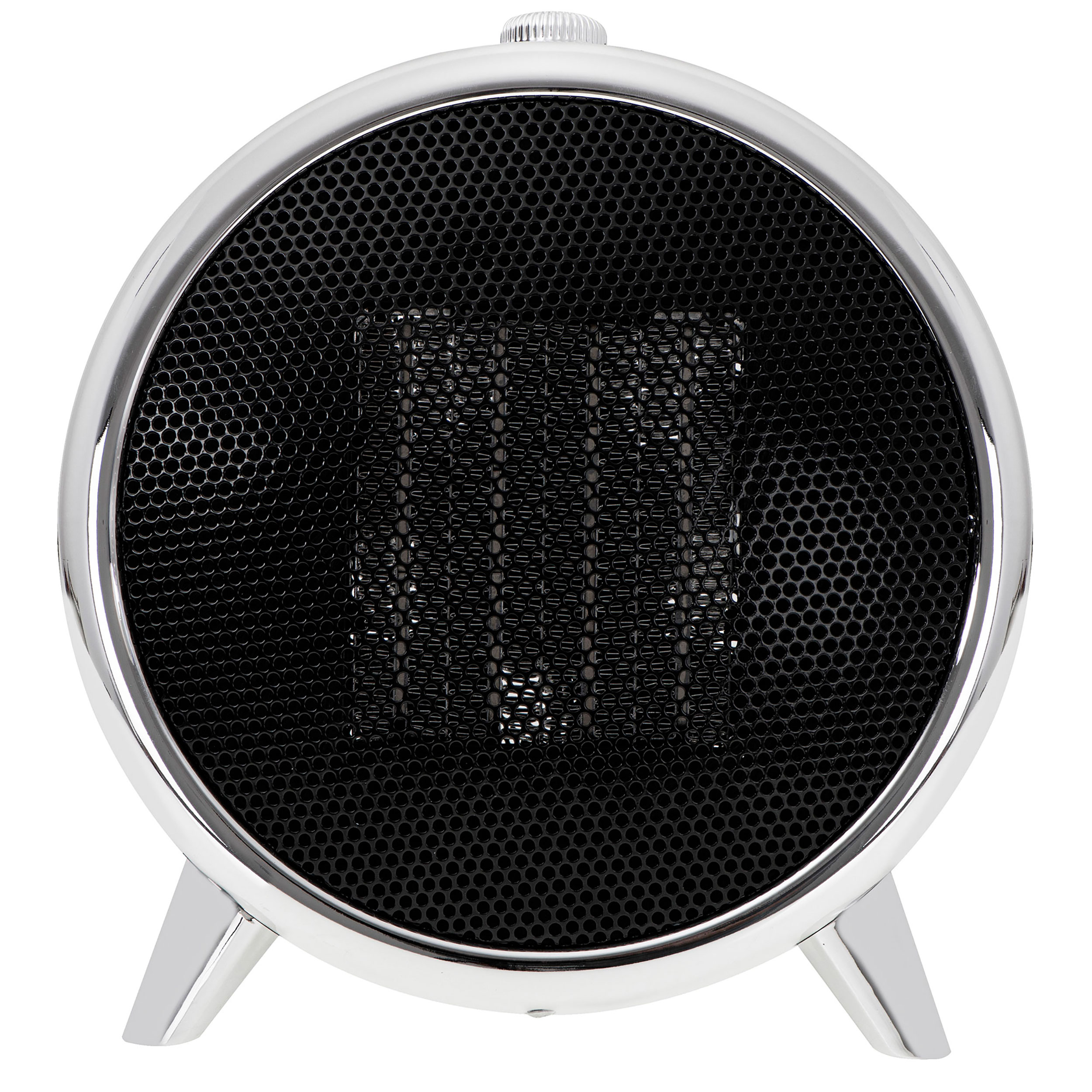 Un calefactor eléctrico plateado y negro de estilo retro. Tiene una parte frontal de malla y patas curvas.