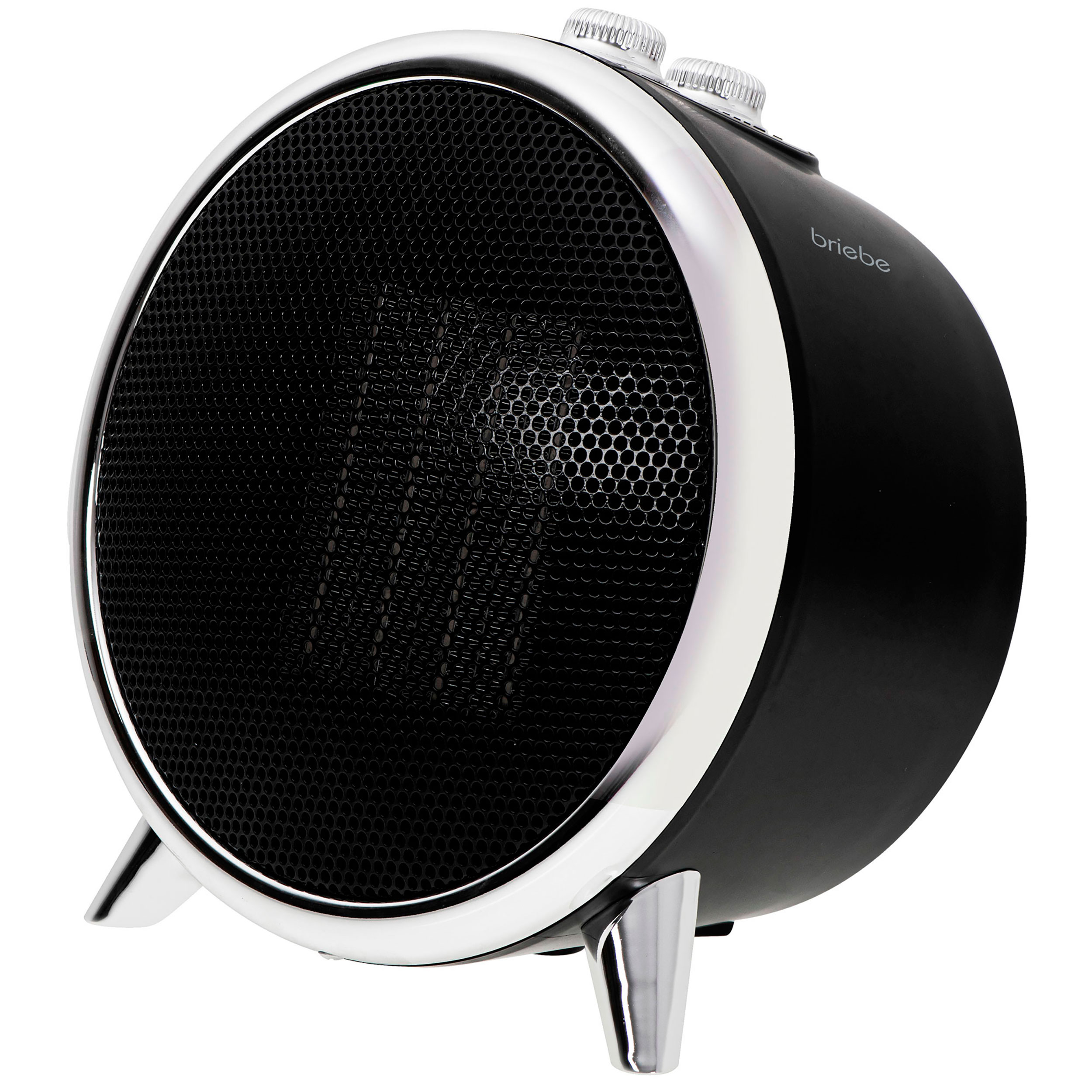 Calentador eléctrico negro con detalles y patas plateadas. Forma redonda con una rejilla frontal.