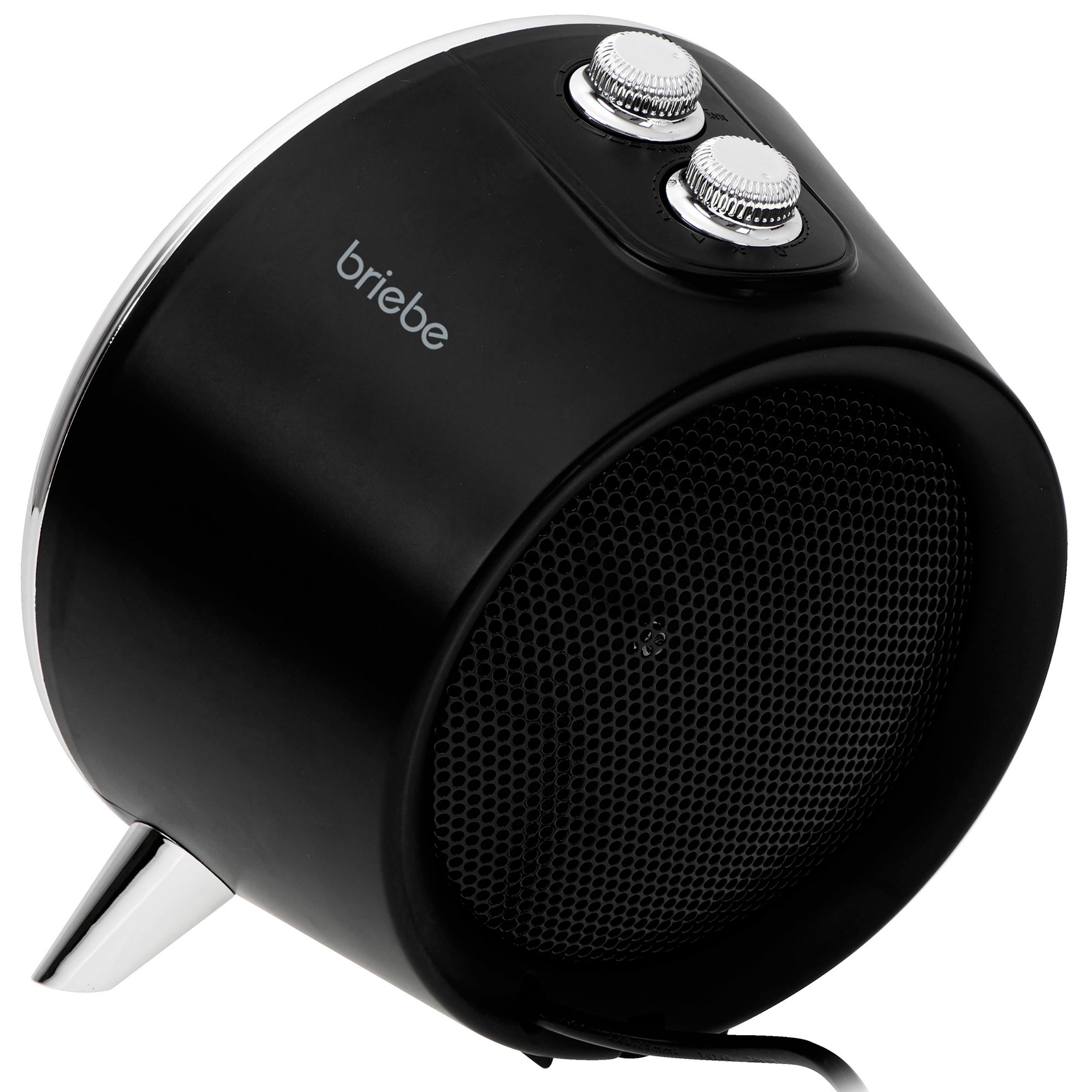 Altavoz negro y plateado con frontal de malla. Dos perillas de control plateadas arriba.