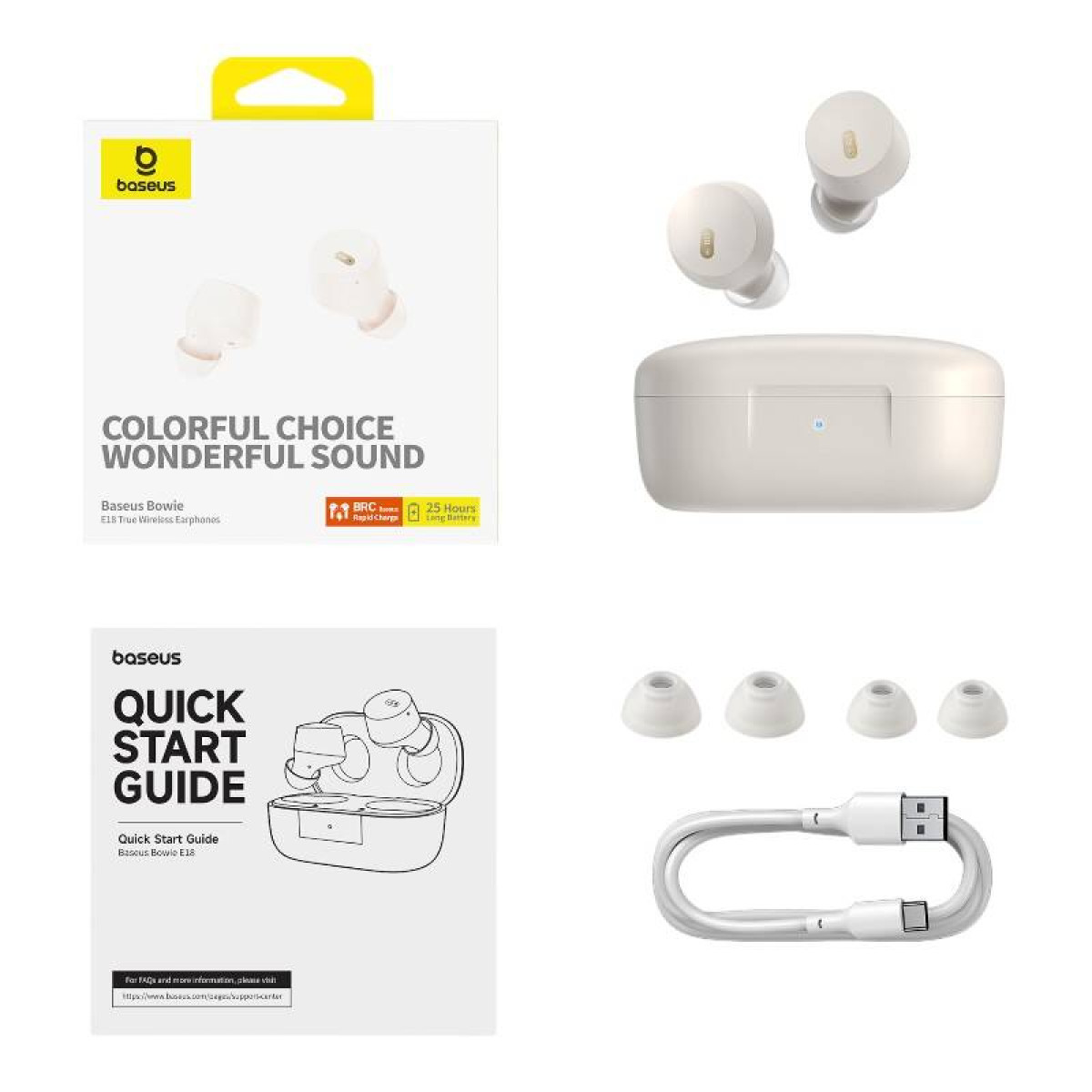 Baseus-Kopfhörer-Verpackung, Kopfhörer, Ladecase und USB-Kabel.