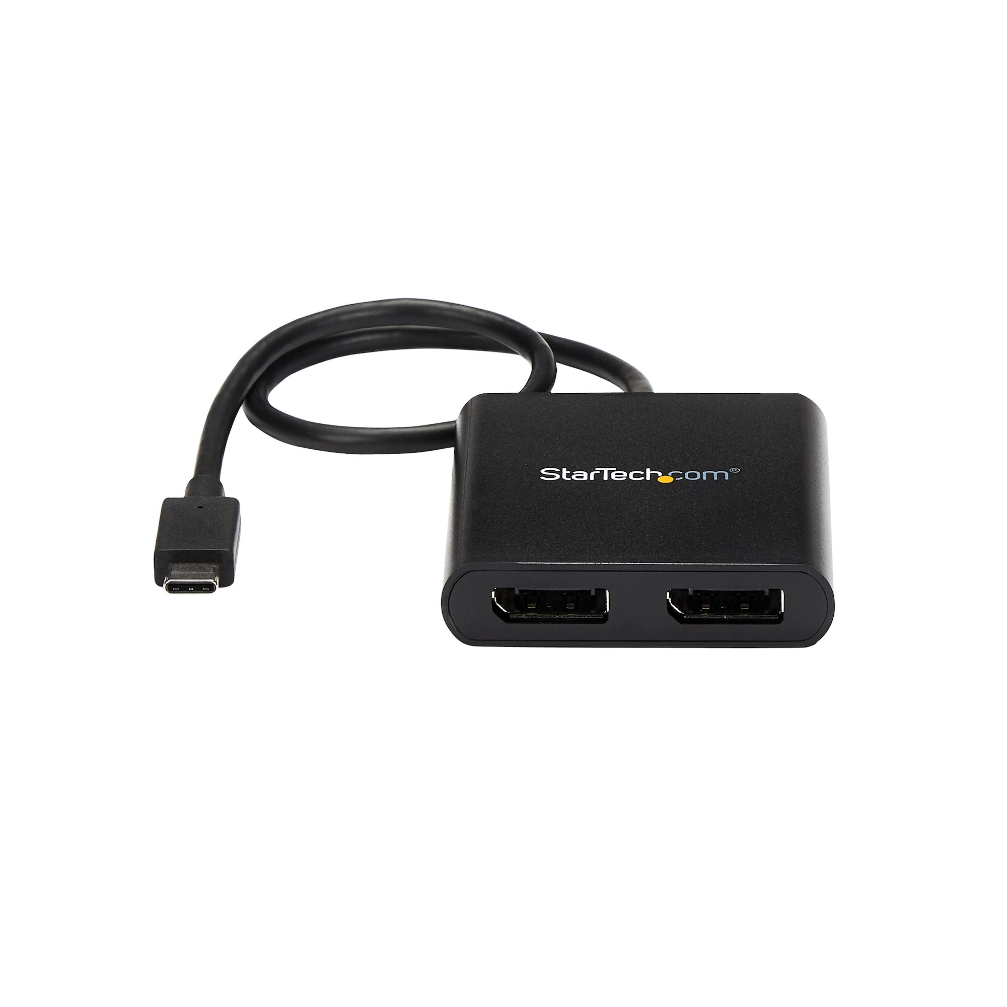 Hub USB-C nero con due porte USB, cavo nero e sfondo bianco.