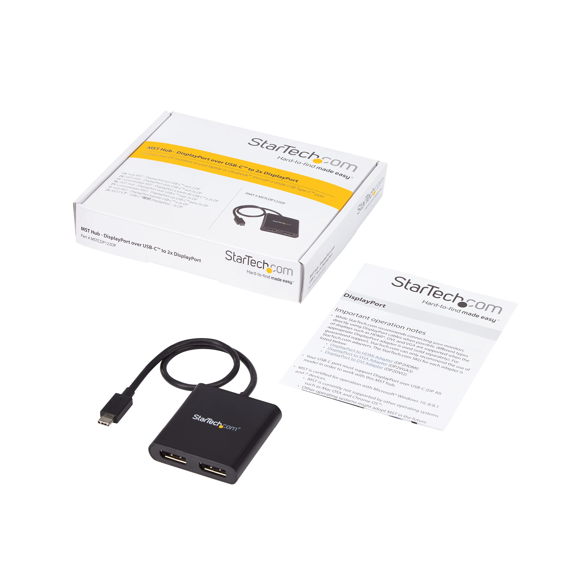Hub per porta display StarTech.com bianco e nero con confezione e cavi su superficie bianca.