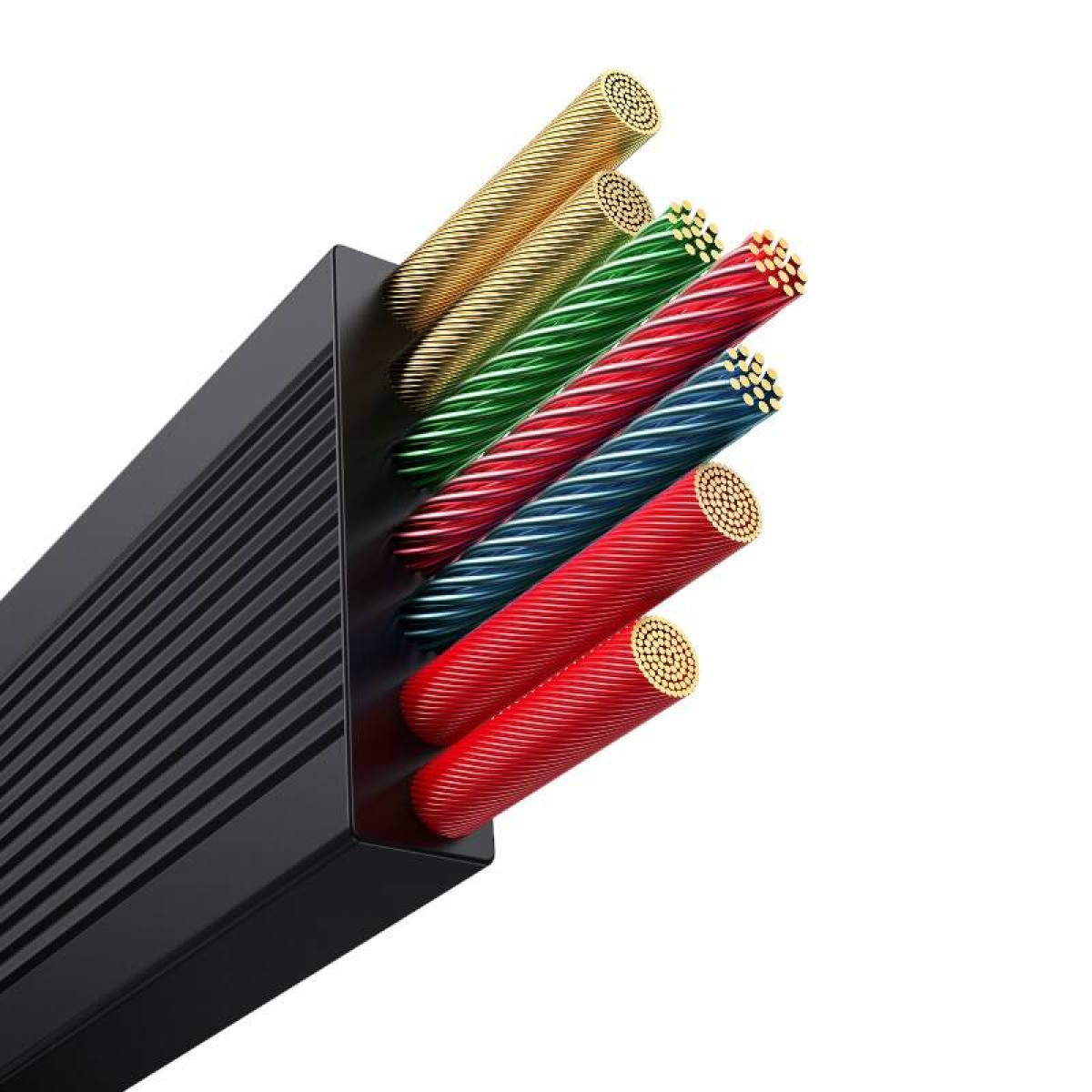 Zbliżenie przeciętego kabla z wielokolorowymi przewodami, czerwonym, zielonym, złotym i niebieskim.