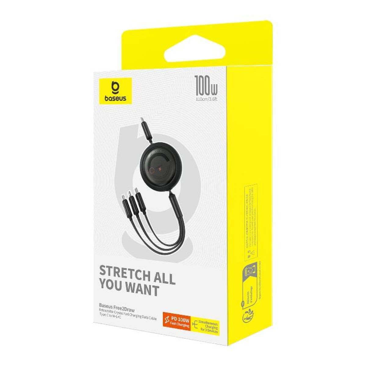 Żółte pudełko z kablem ładującym Baseus. Kabel ma trzy złącza. Białe tło.