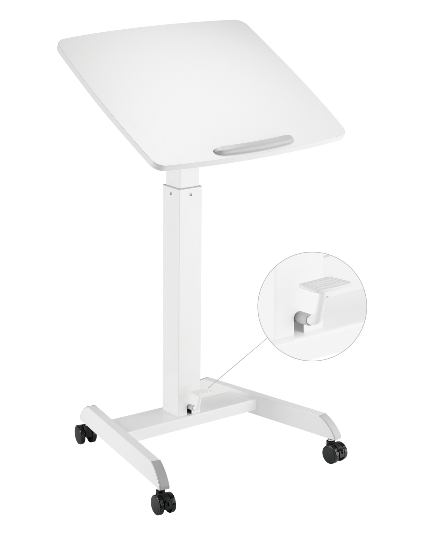 Witte in hoogte verstelbare bureau met wielen, en een close-up van de hoogte verstelhendel.