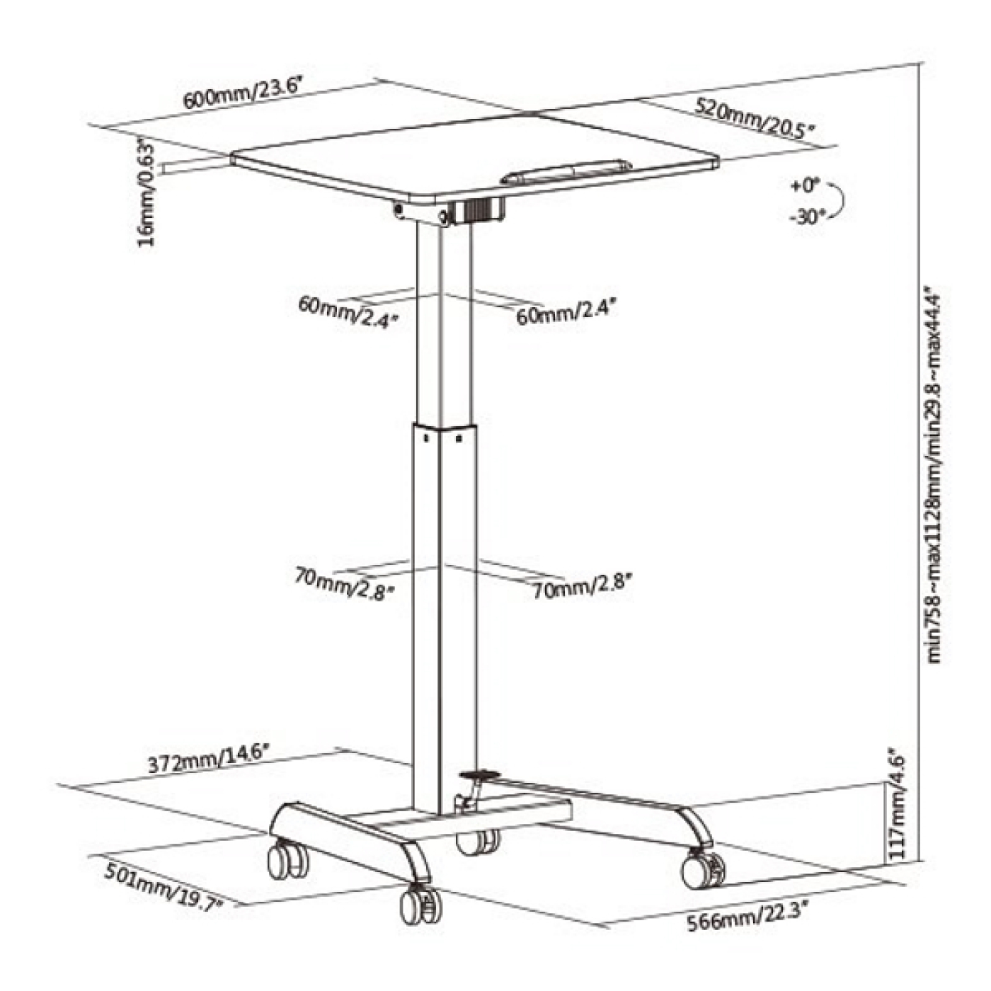 Diagram van een in hoogte verstelbaar bureau op wielen. Afmetingen inbegrepen. Witte achtergrond.