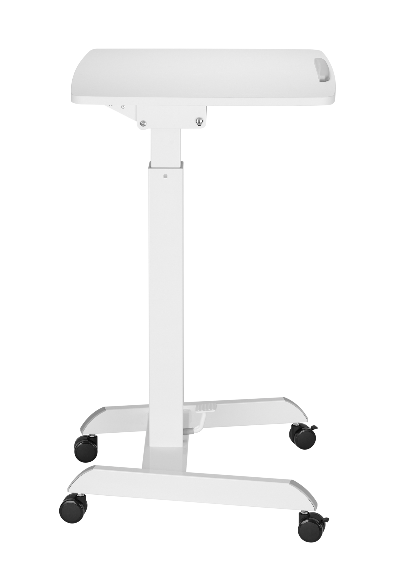 Een witte medische standaard op wielen, met een platte bovenkant.