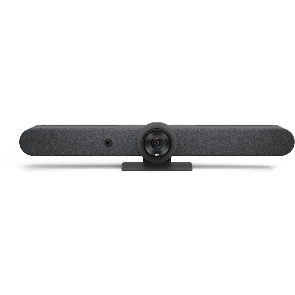 Schwarze Logitech-Videokonferenzleiste auf einem Ständer. Der Hintergrund ist weiß.