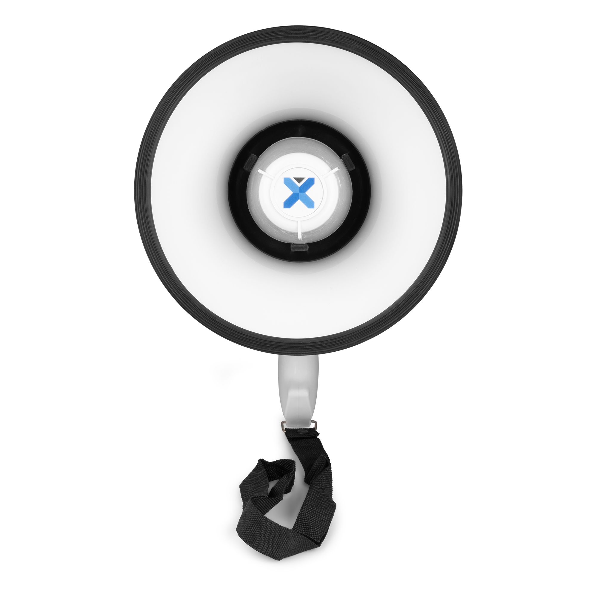 Megafoon, wit met zwarte rand, blauw X-logo aan de voorkant en een zwarte riem, op witte achtergrond.
