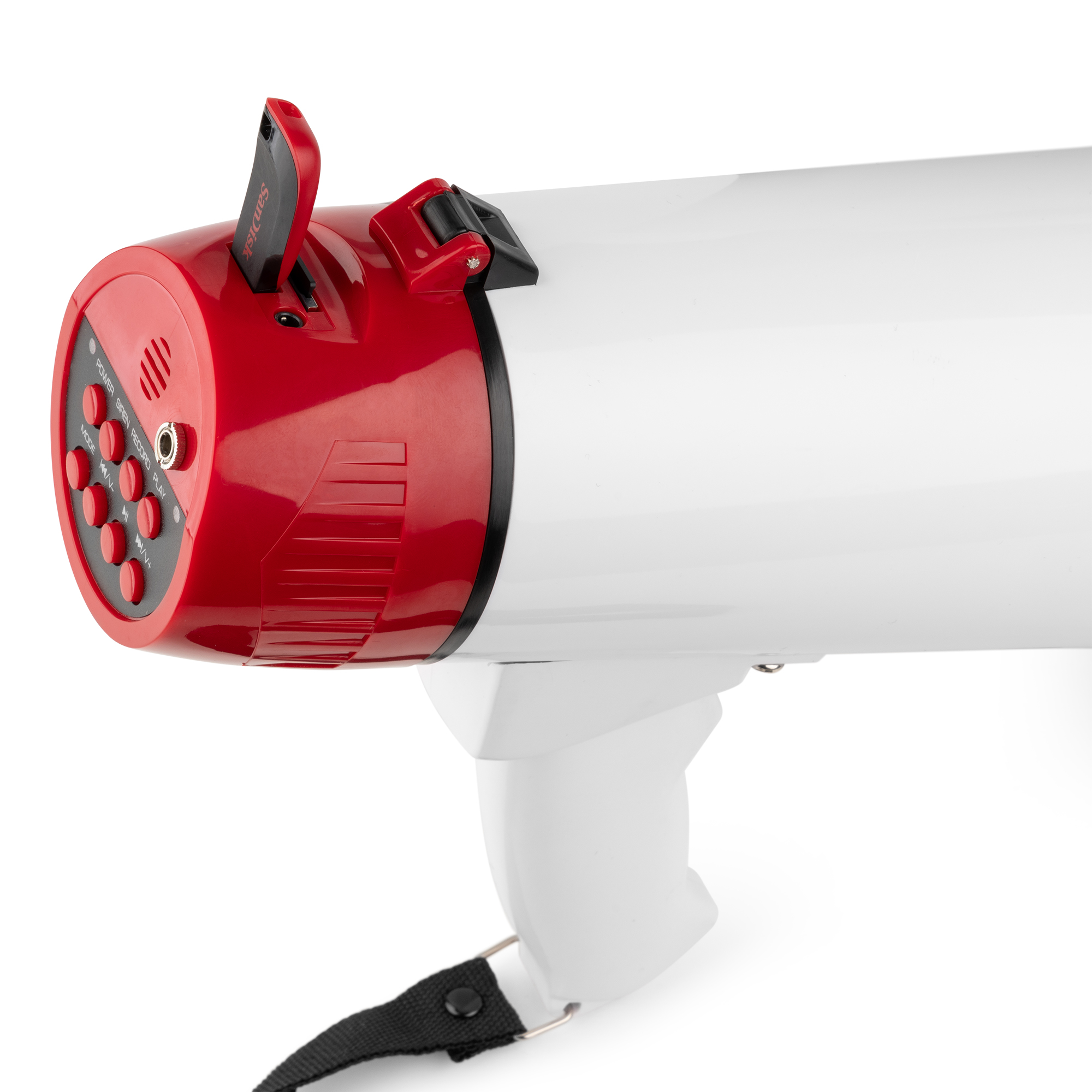 Witte en rode megafoon met een zwarte band en knoppen.
