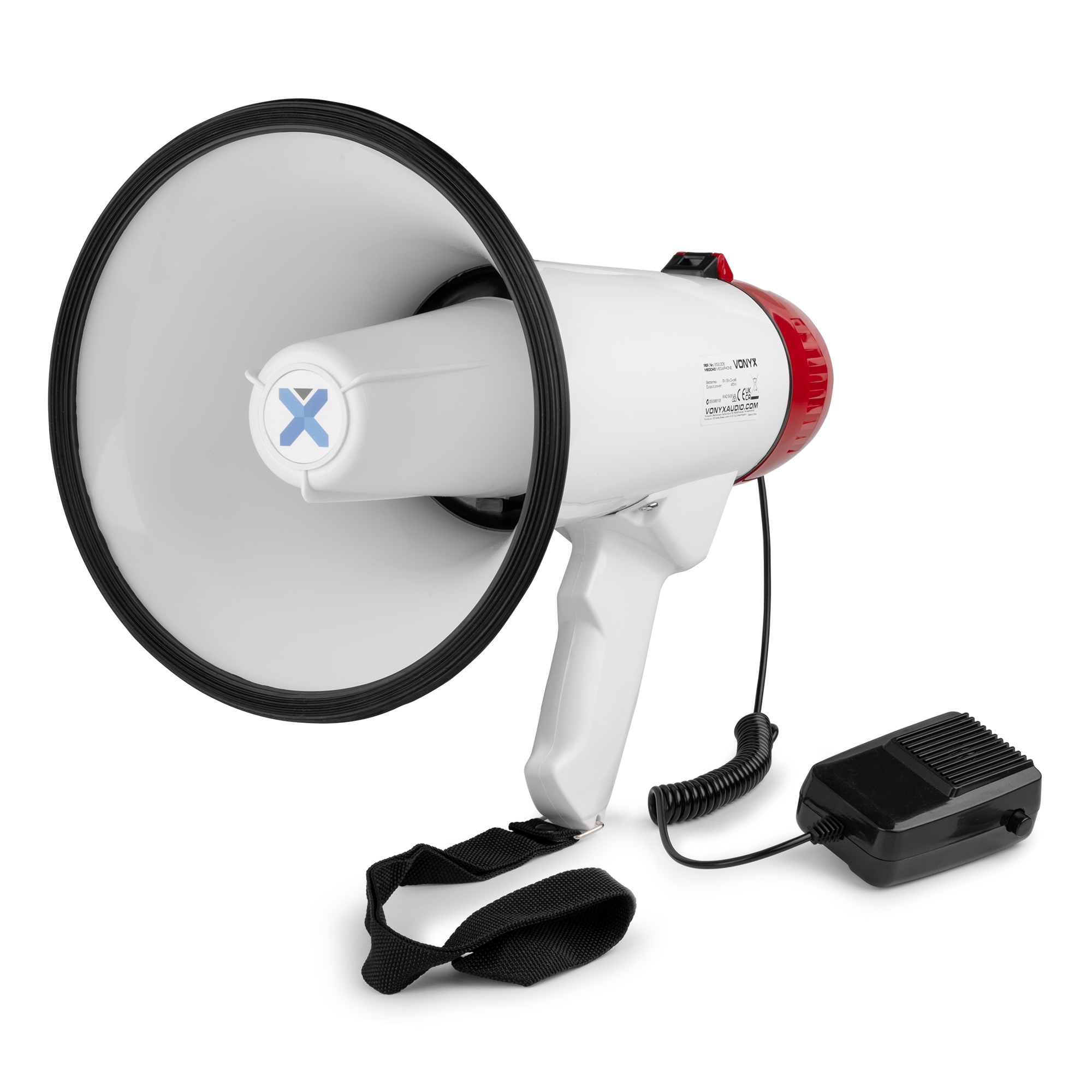 Witte en rode megafoon met handvat, microfoon en zwarte riem.