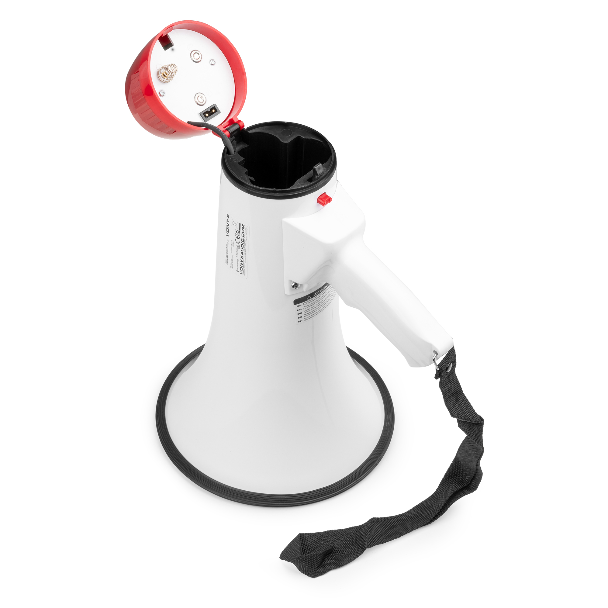 Witte megafoon met een open rode bovenkant, batterijen tonend.