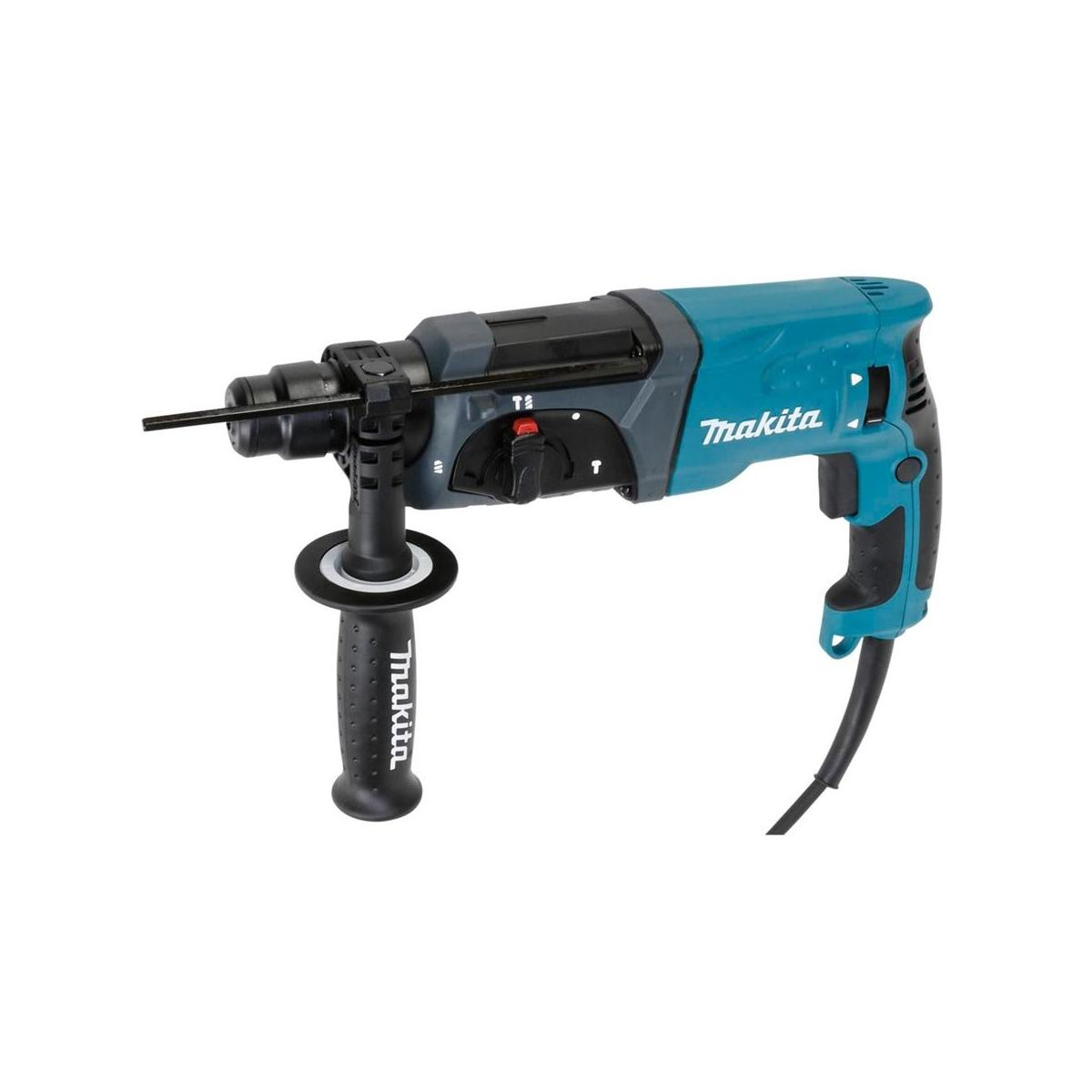 Blau-schwarzer Makita Bohrhammer, mit schwarzem Griff, auf weißem Hintergrund.