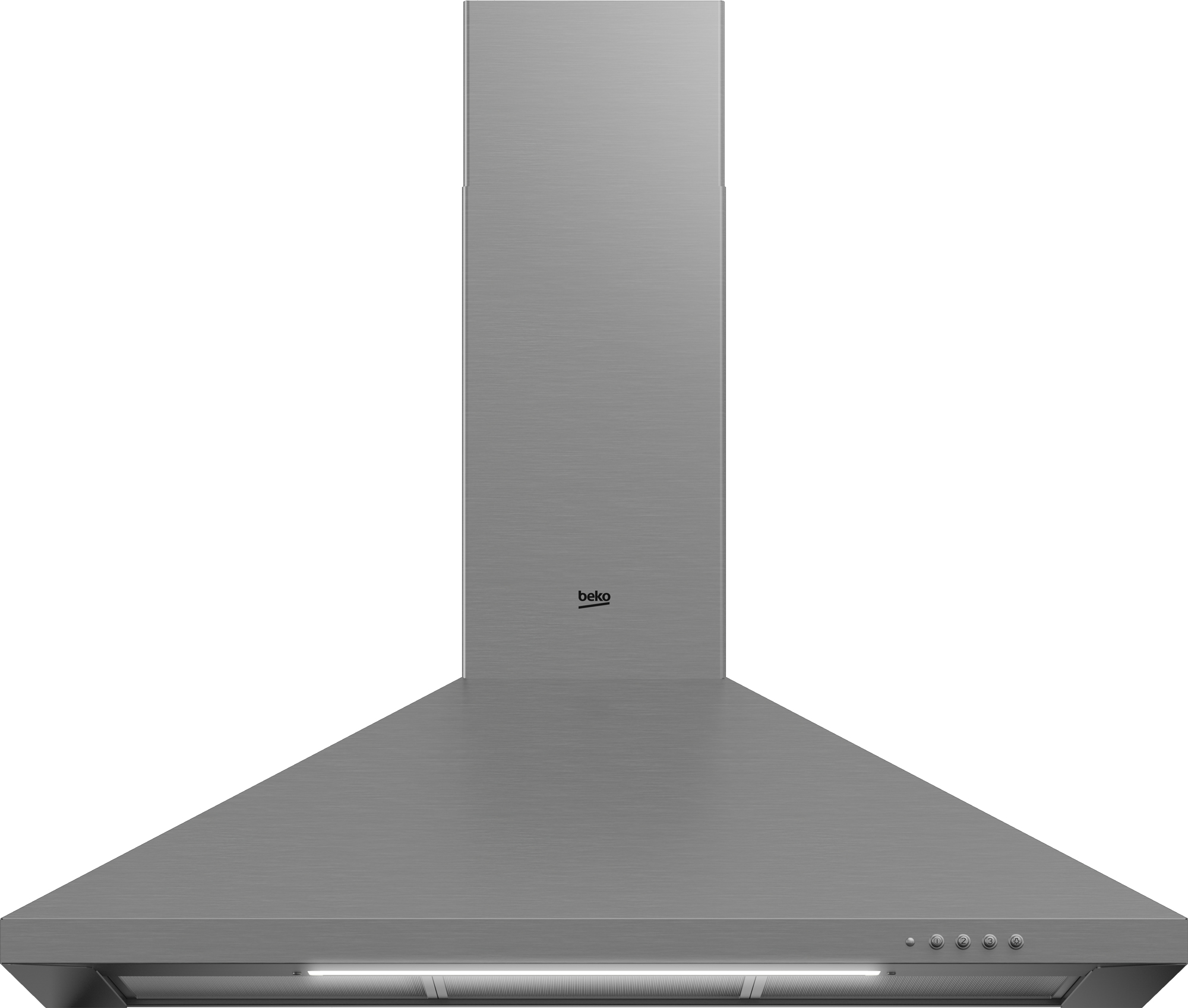 Cappa in acciaio inossidabile. Forma trapezoidale con logo Beko. Sfondo bianco.
