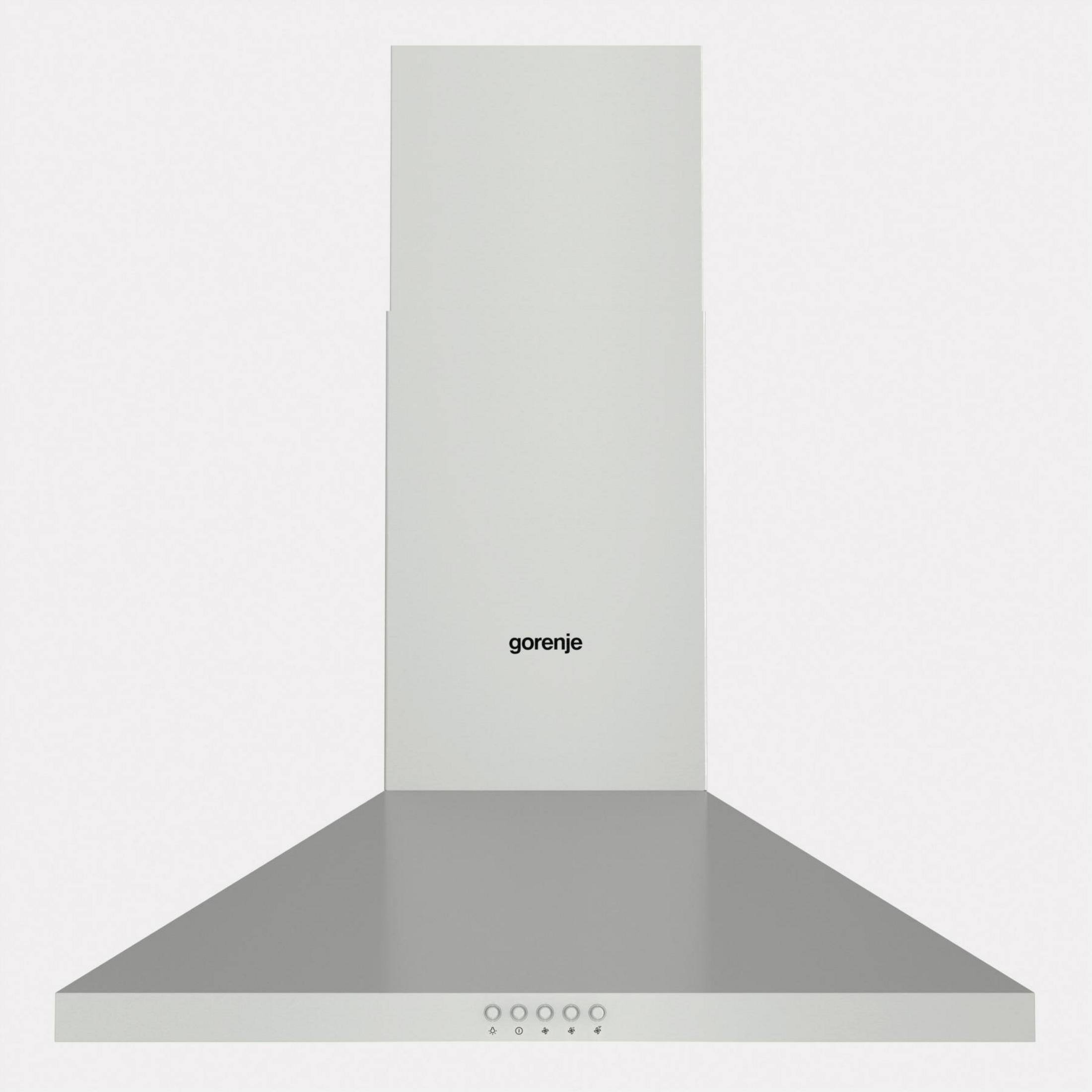 Una cappa bianca con il logo Gorenje. Lo sfondo è un muro bianco.