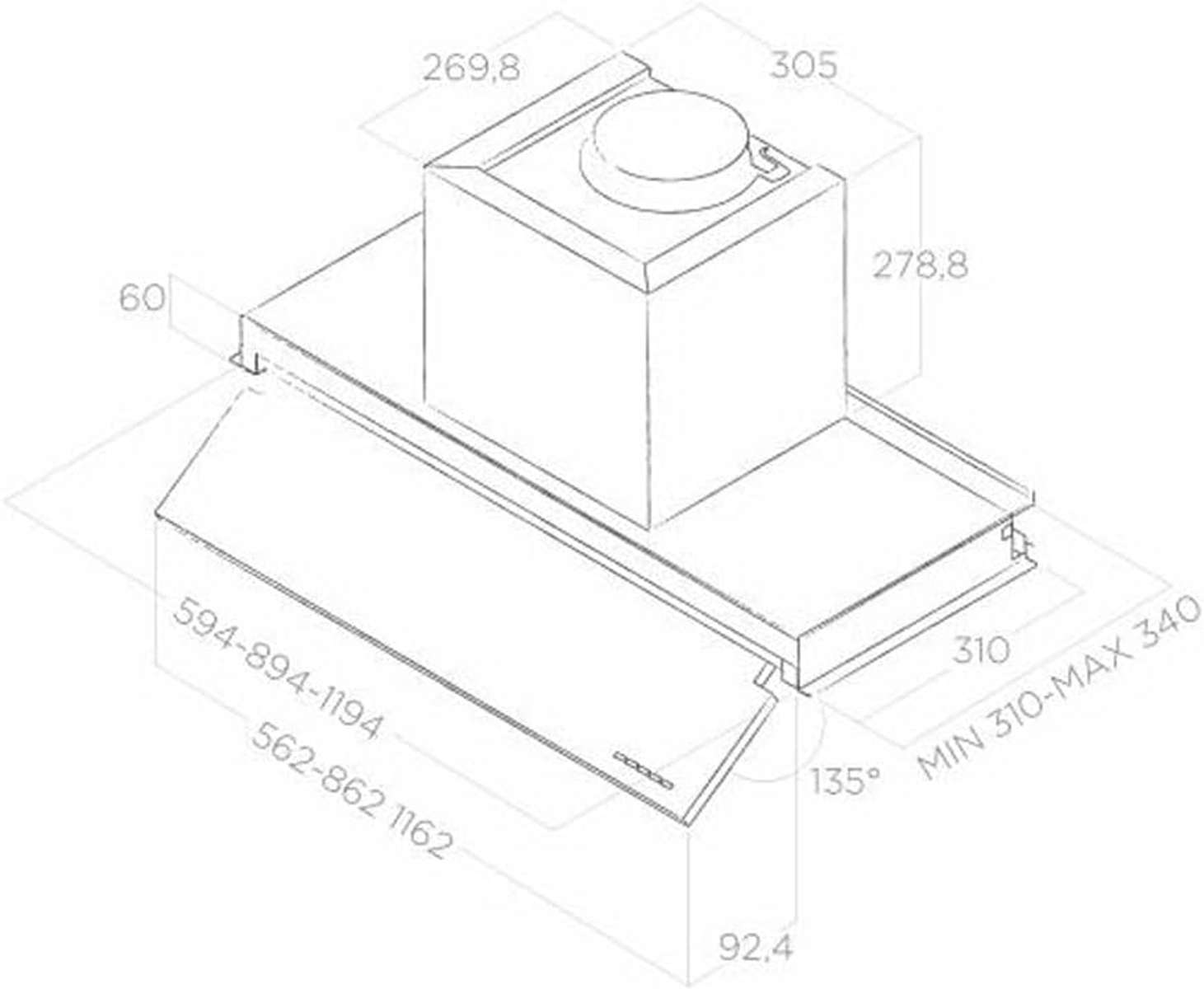 Disegno tecnico di una cappa con dimensioni in millimetri. Sfondo bianco.