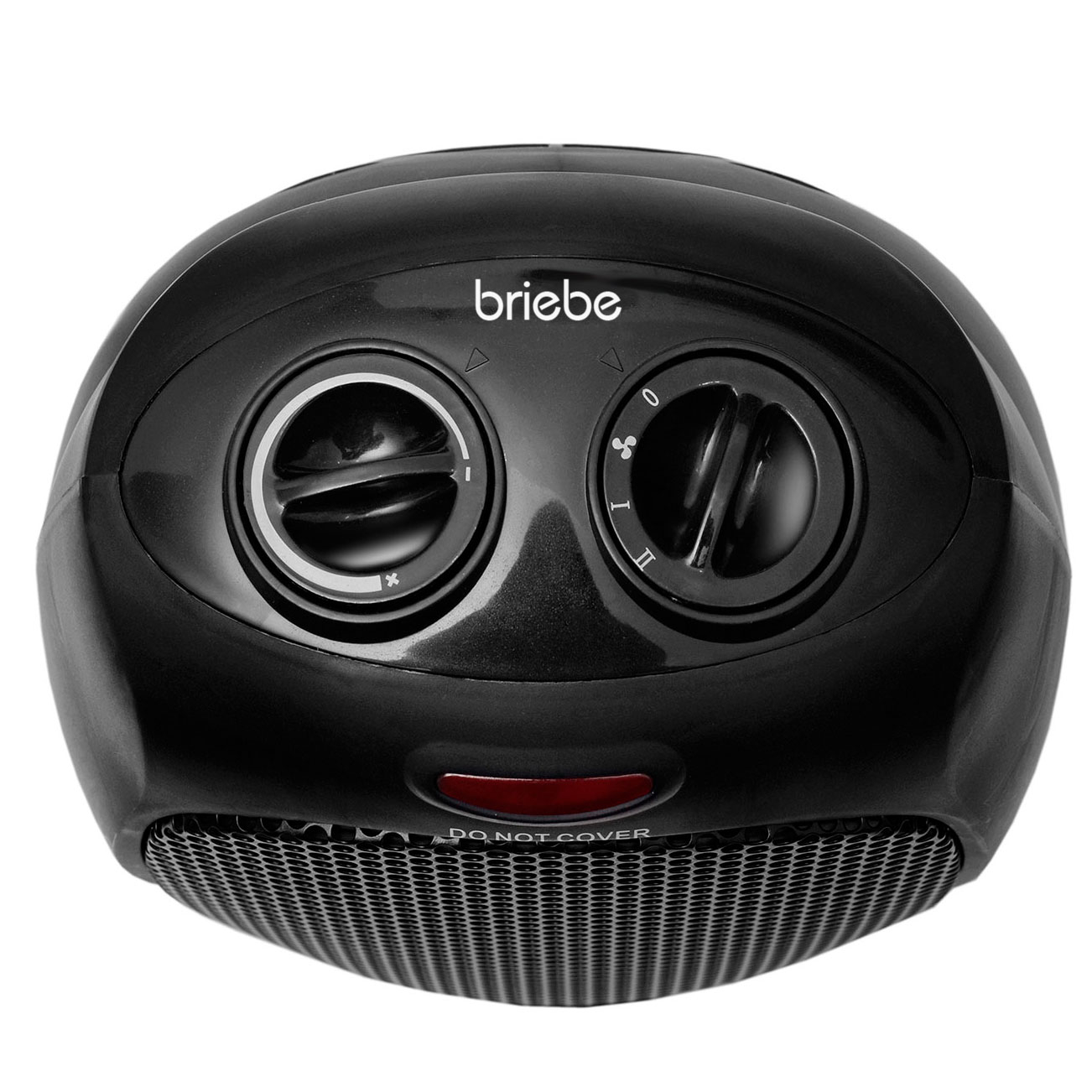 Calentador eléctrico negro con dos perillas de control y una luz indicadora roja.