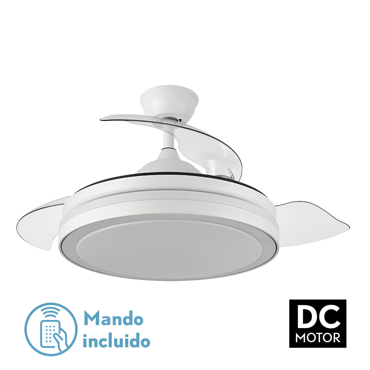 Ventilatore da soffitto bianco con pale, luce centrale e telecomando. Sfondo bianco.