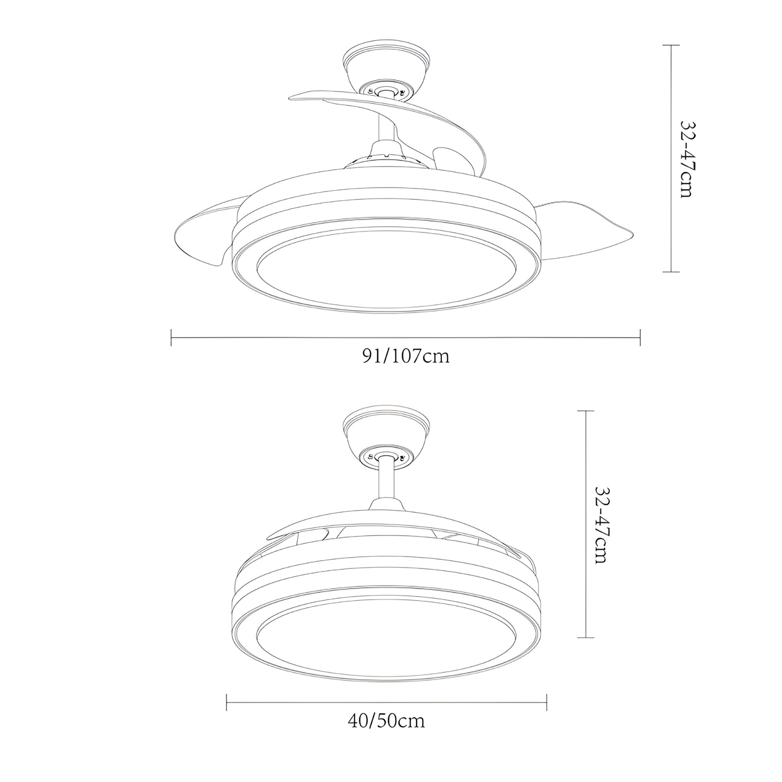 Disegno a tratto di ventilatori a soffitto con dimensioni, che mostra due diverse dimensioni.