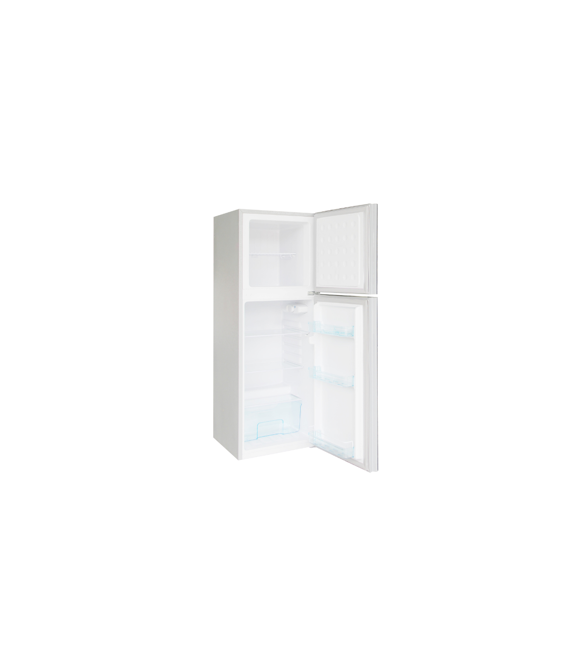 Un refrigerador blanco con la puerta abierta. En el interior, hay estantes y contenedores.