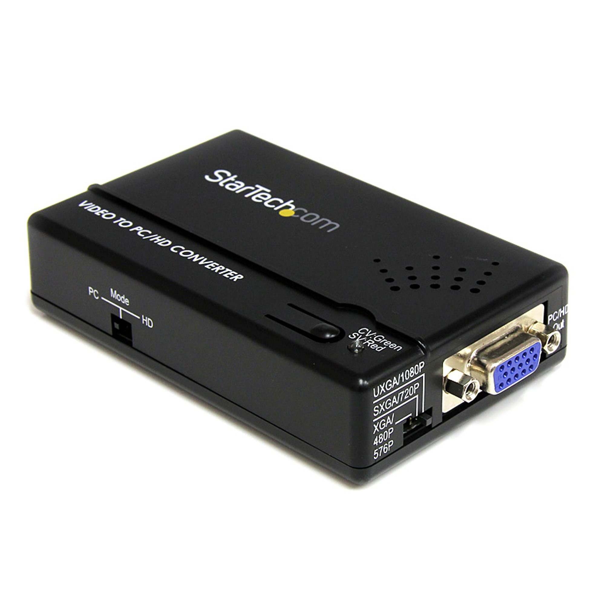 Convertitore video StarTech nero, con opzioni modalità PC e HD.