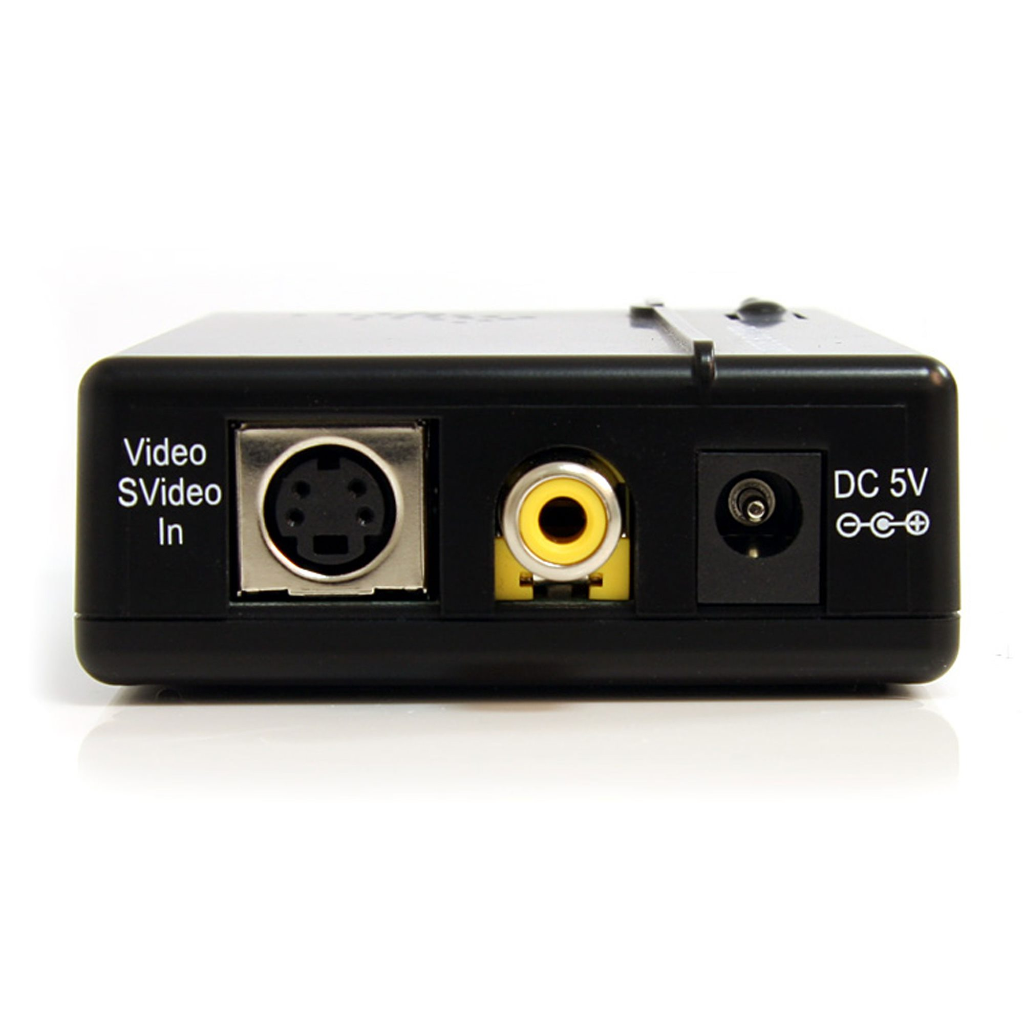 Dispositivo elettronico nero con più porte: Video In, SVideo In, porta gialla e porta DC 5V.