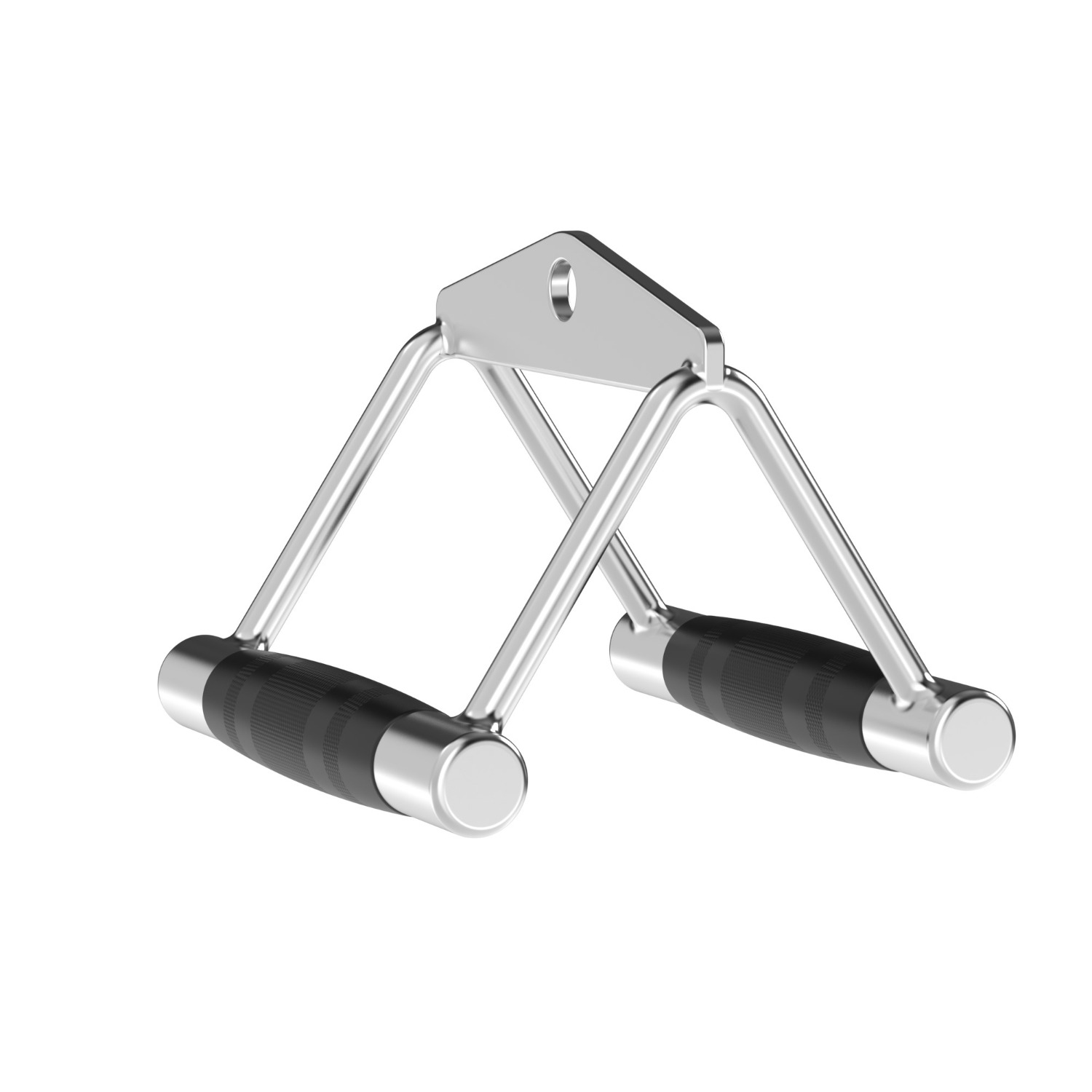 Gymmachine-opzetstuk. Het is zilverkleurig, met twee zwarte handgrepen en een driehoekige bovenkant.