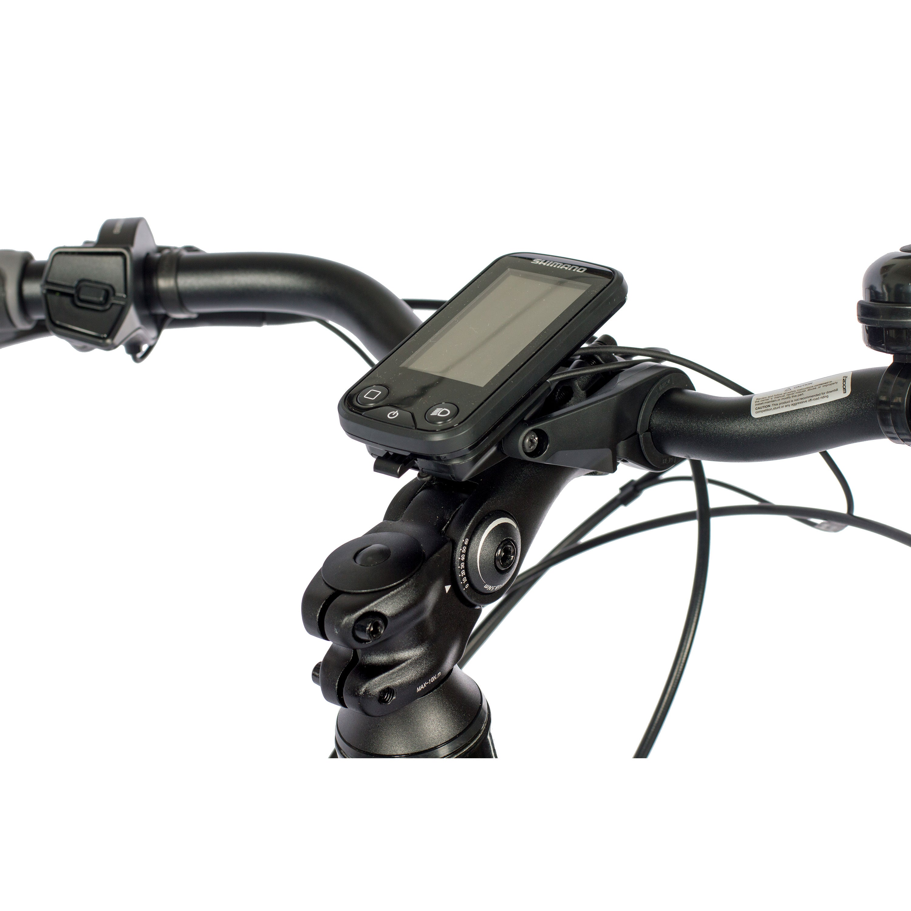 Ein Fahrradlenker mit einem montierten schwarzen Fahrradcomputer. Der Computer befindet sich am Vorbau.