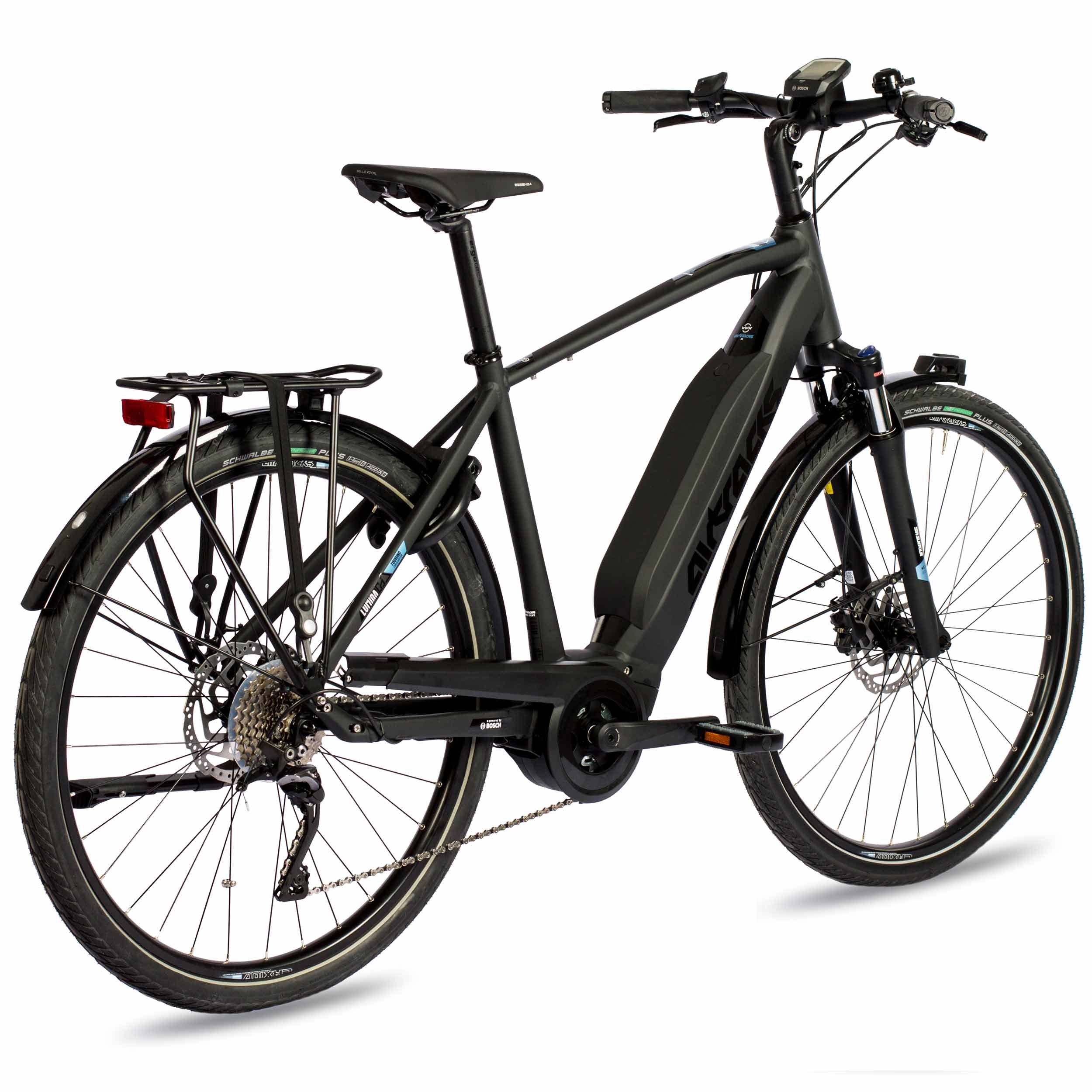 Ein schwarzes Elektrofahrrad mit Akku und Gepäckträger, weißer Hintergrund.
