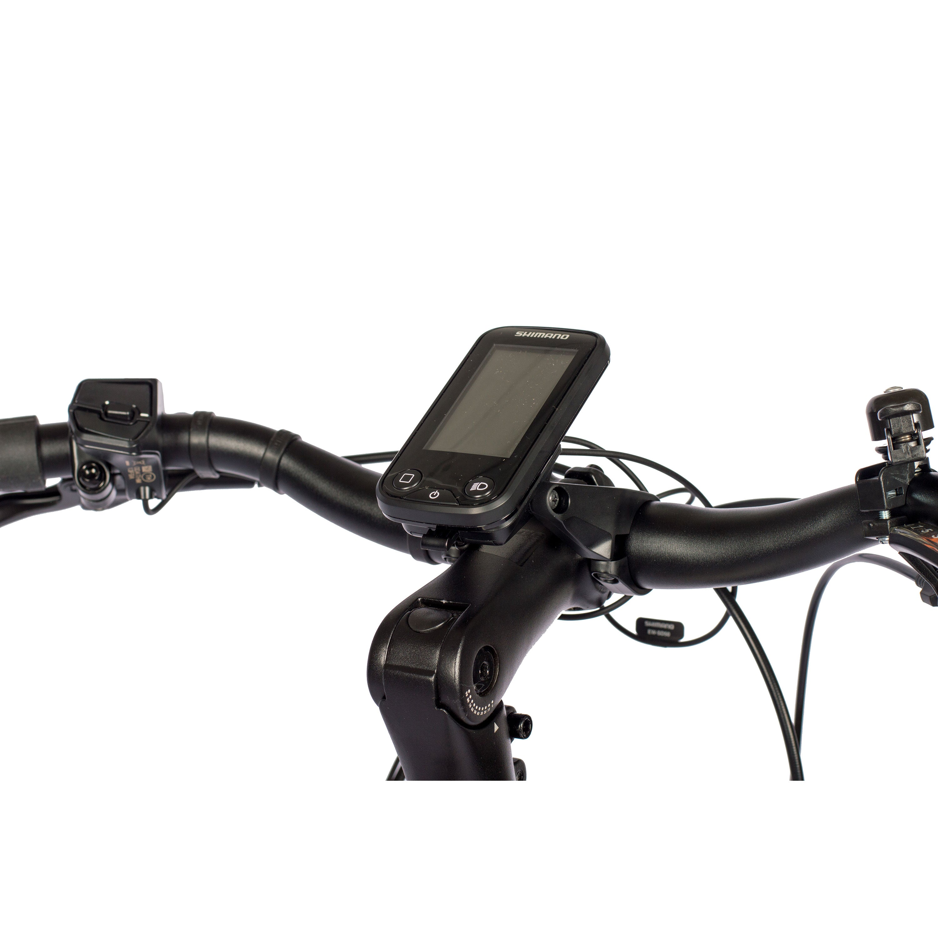Schwarzer Fahrradlenker mit Digitalanzeige und Bedienelementen. Weißer Hintergrund.