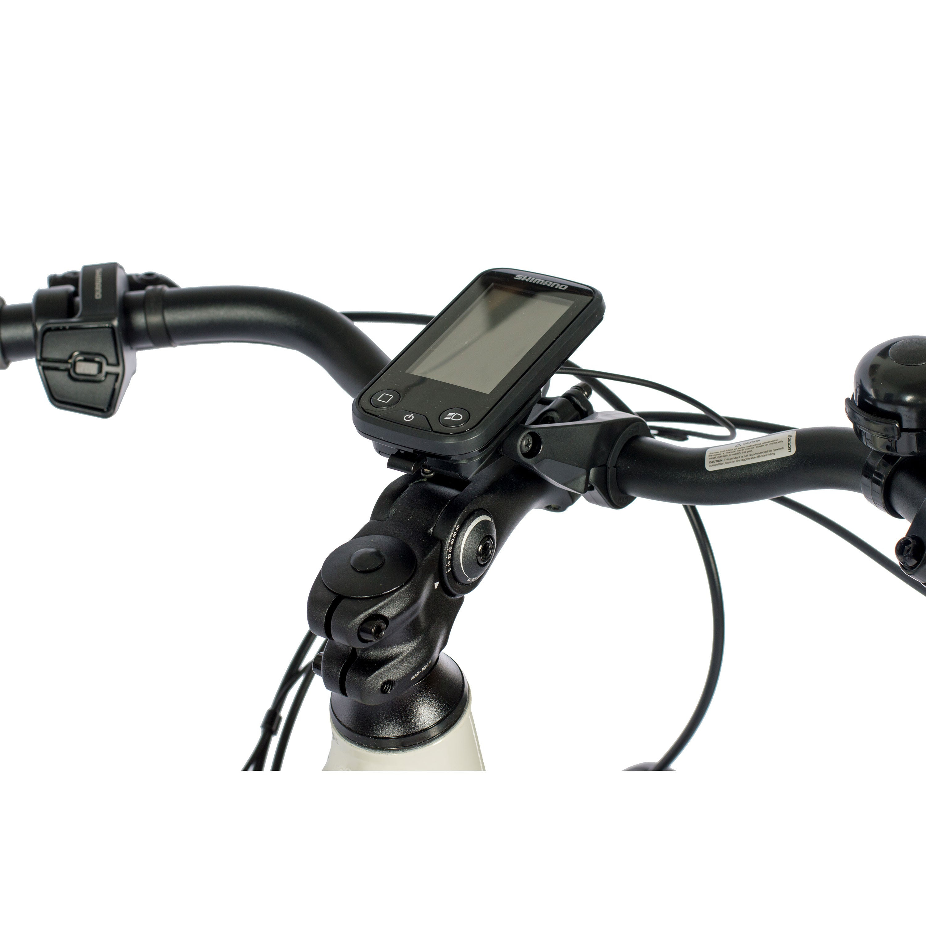 Fahrradlenker mit schwarzer Computerhalterung. Der Computerbildschirm ist sichtbar. Weißer Hintergrund.