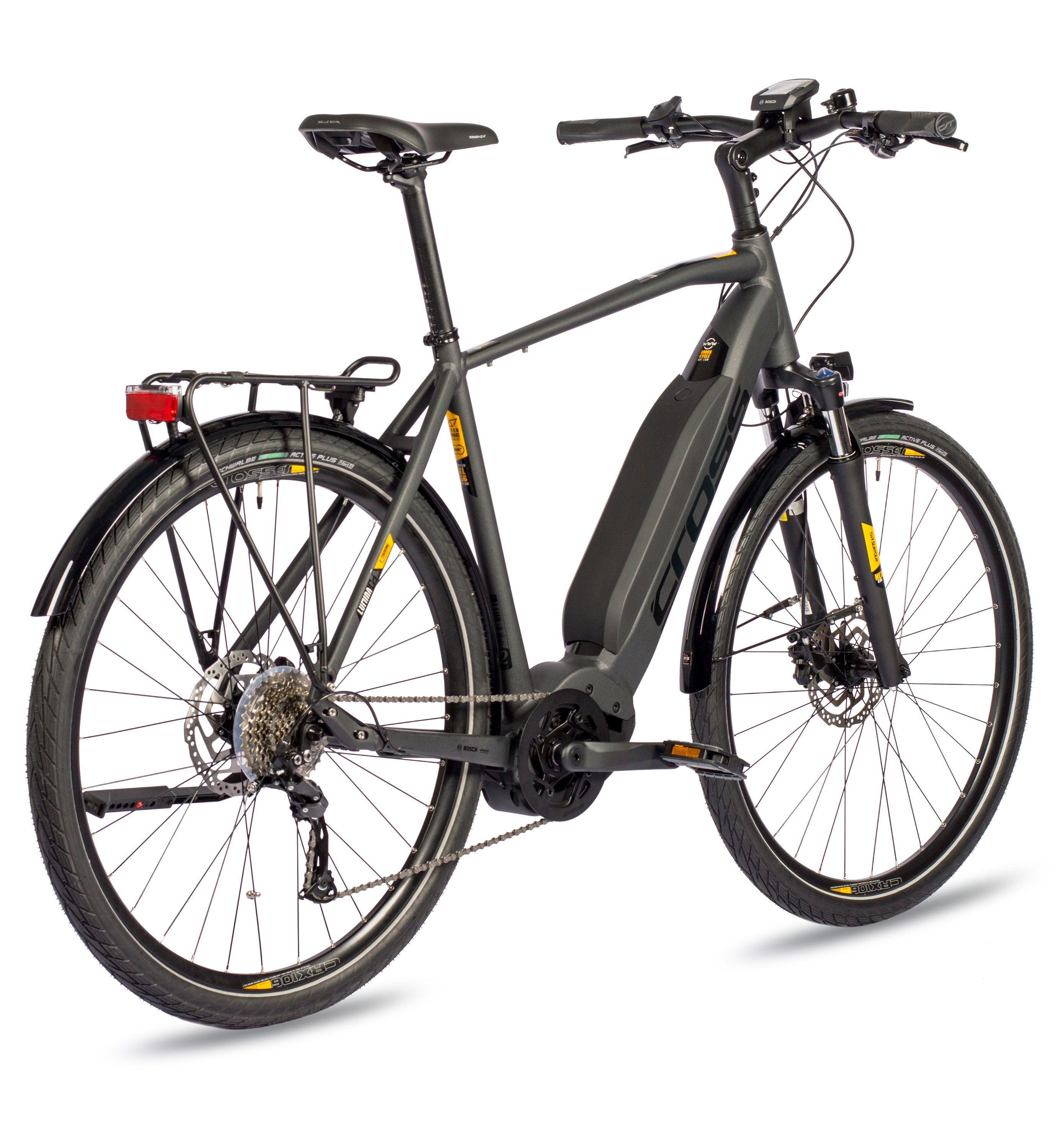 Ein graues Elektrofahrrad. Es hat einen schwarzen Akku, Reifen und einen Gepäckträger. Der Hintergrund ist weiß.