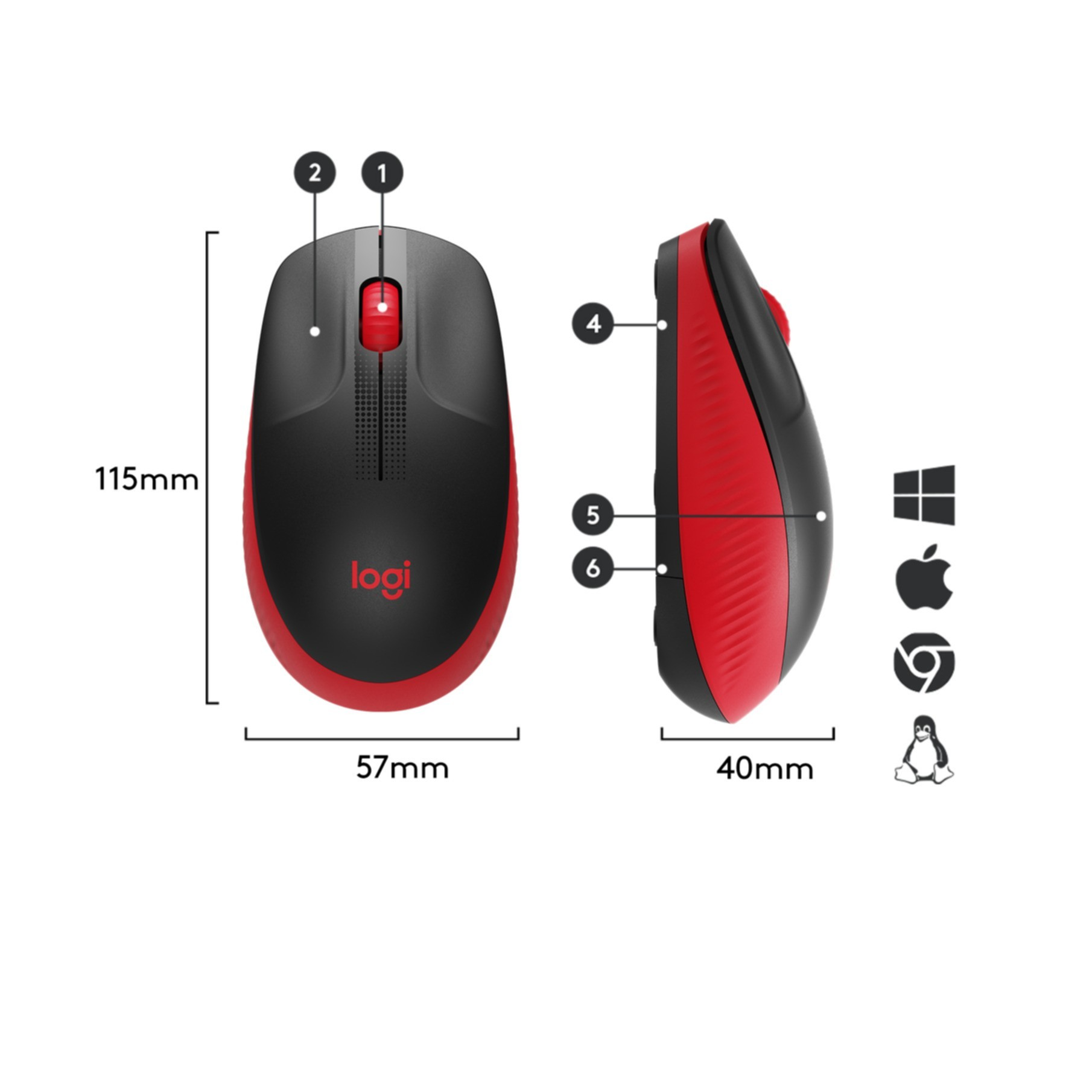 A black and red Logitech mouse with numbered features. The mouse is shown with dimensions and OS icons.