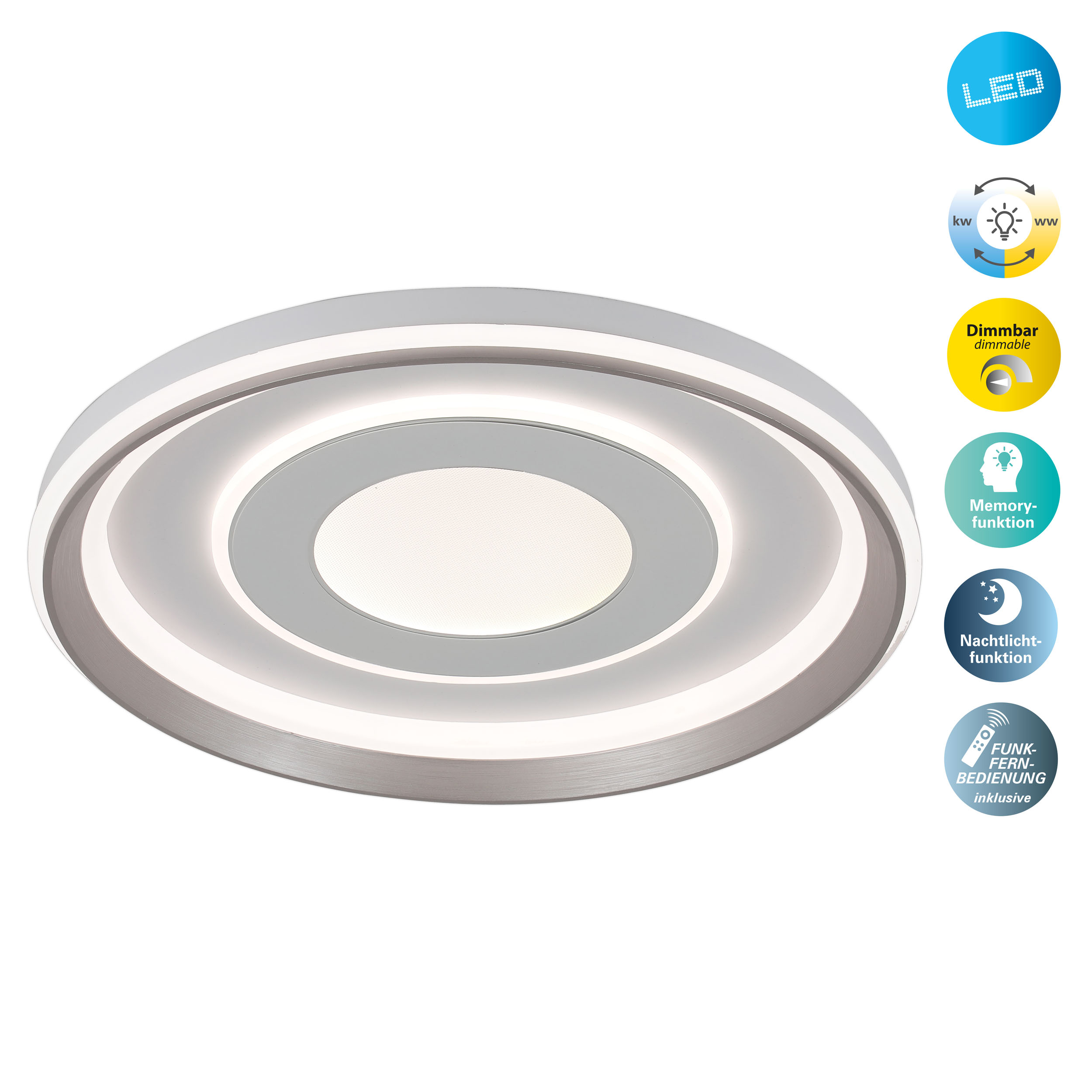 Kreisförmige LED-Deckenleuchte mit mehreren Lichtringen.