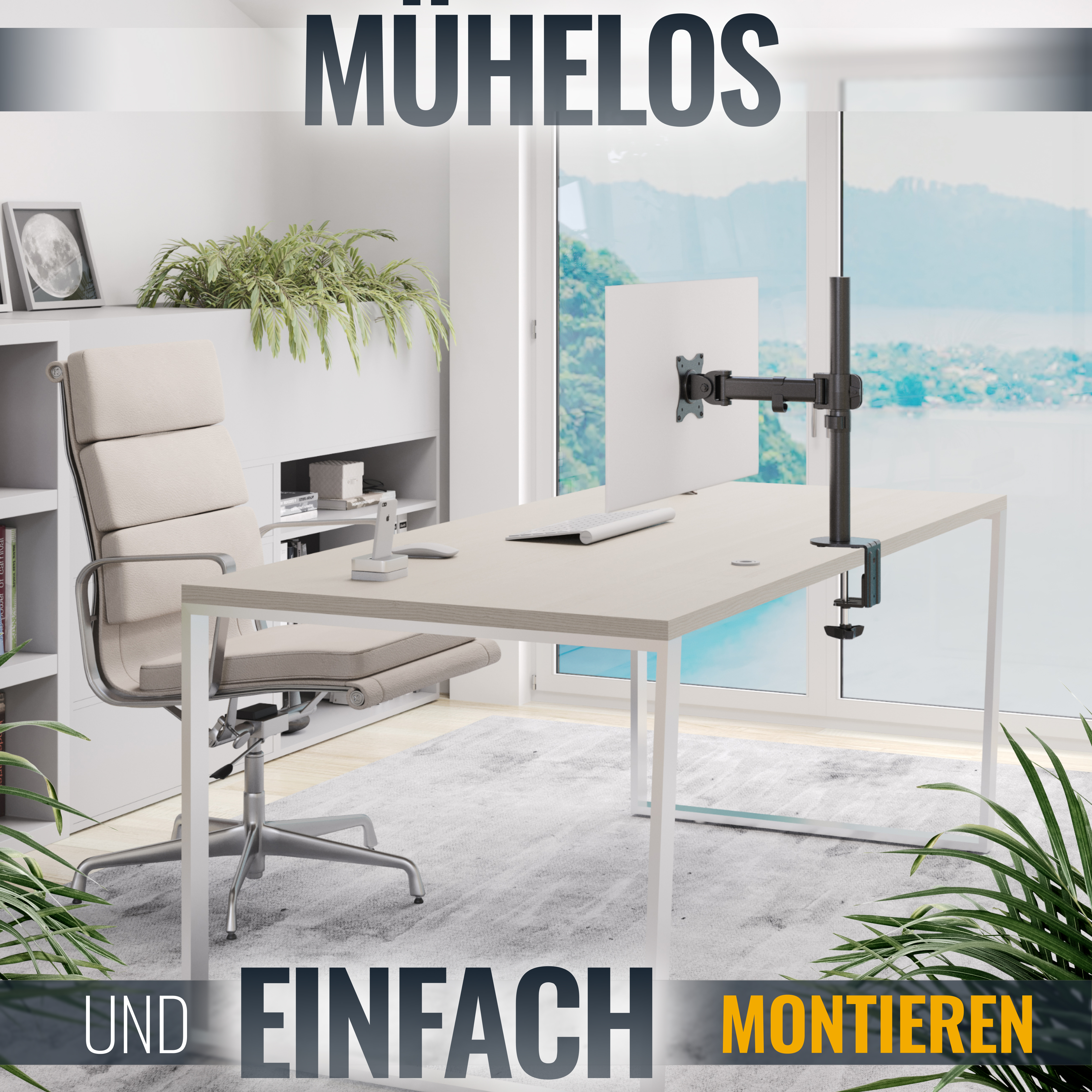 Modernes Büro mit Schreibtisch, Monitorarm und deutschem Text: 'Mühelos und einfach montieren'.