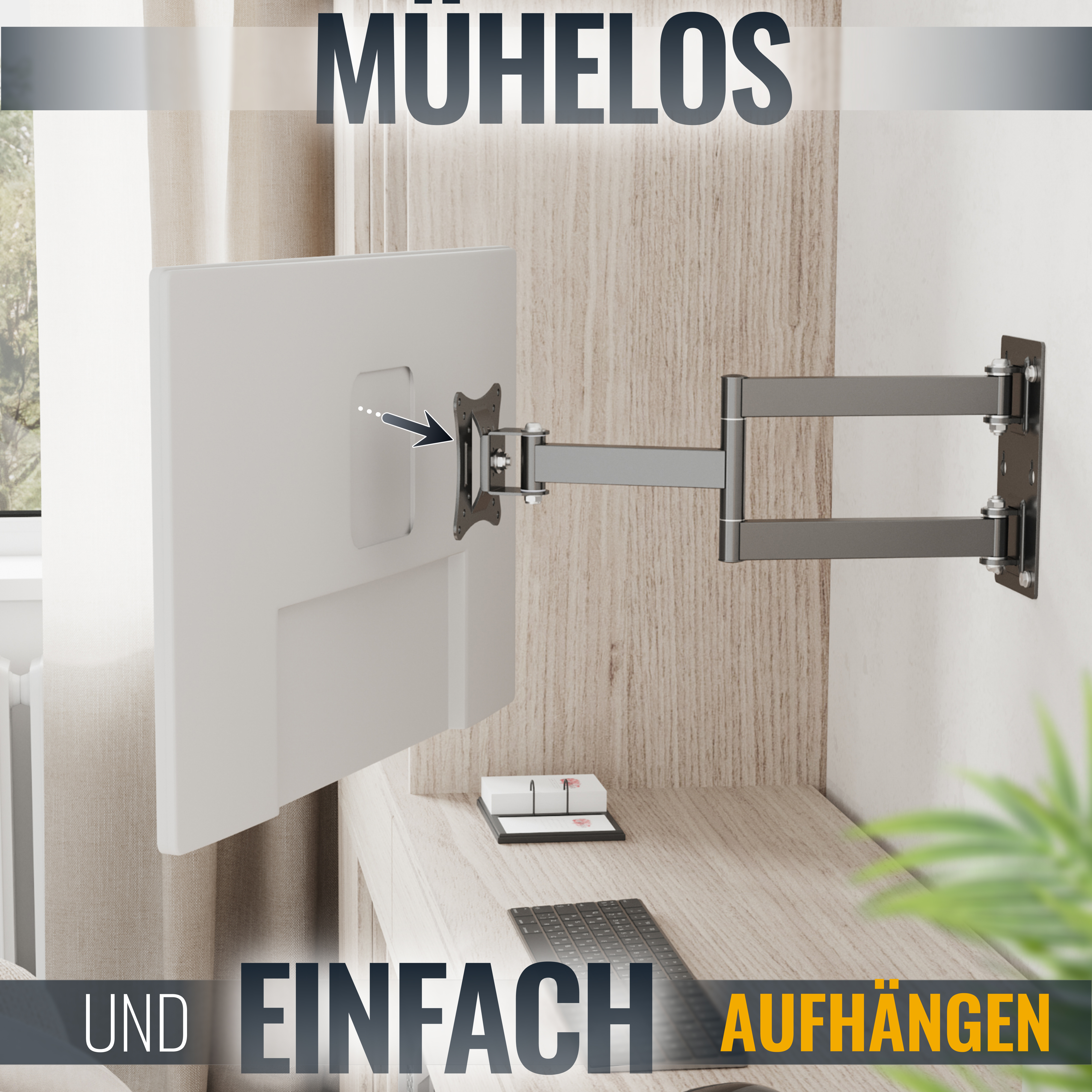 Ein Computermonitor, der mit einem schwarz-grauen Arm an der Wand befestigt ist.
