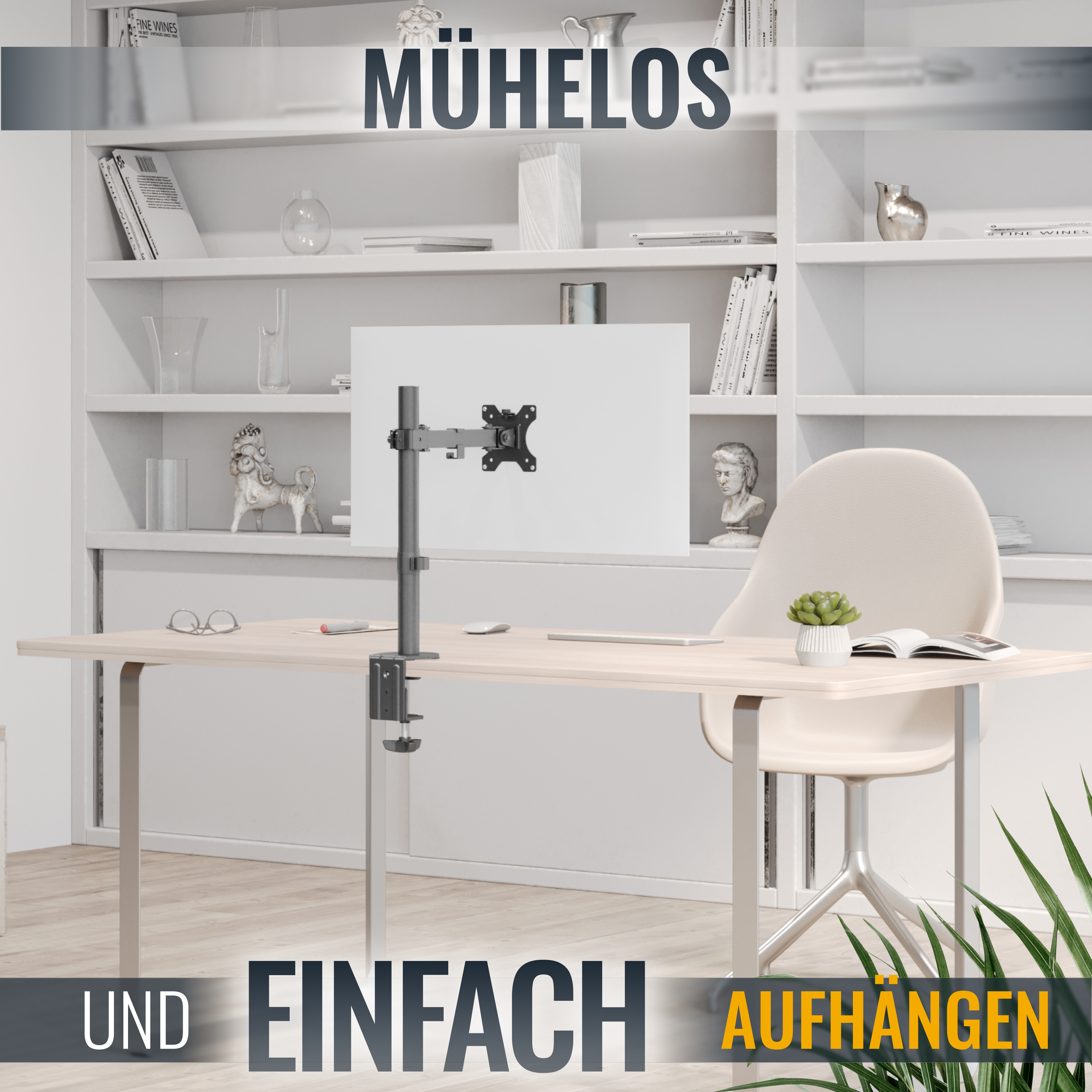 Ein Schreibtisch mit Monitorarm, Monitor, Stuhl und Deko. Text oben und unten.