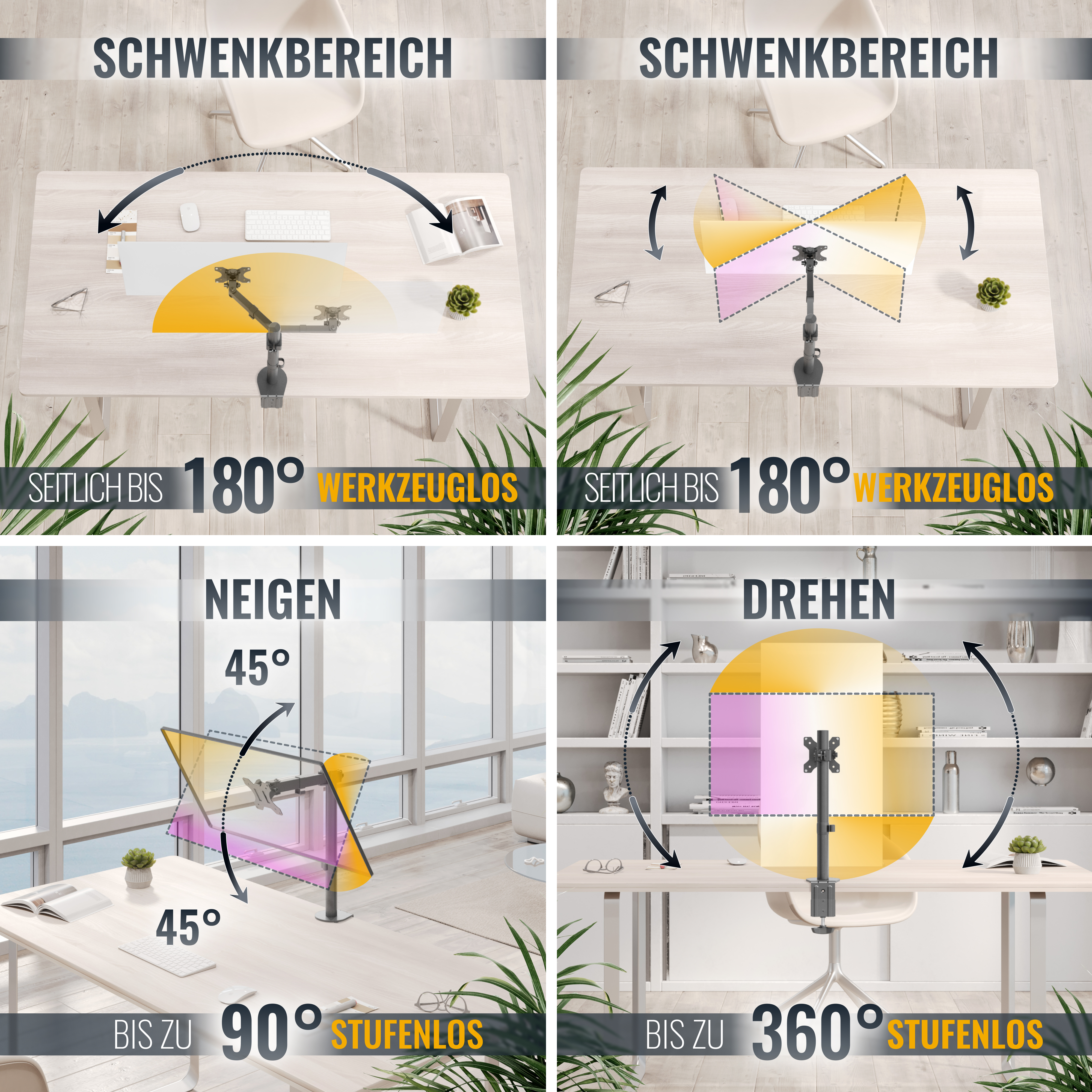 Diagramme, die die Bewegung eines Monitorarms zeigen, einschließlich Schwenken, Neigen und Drehen.
