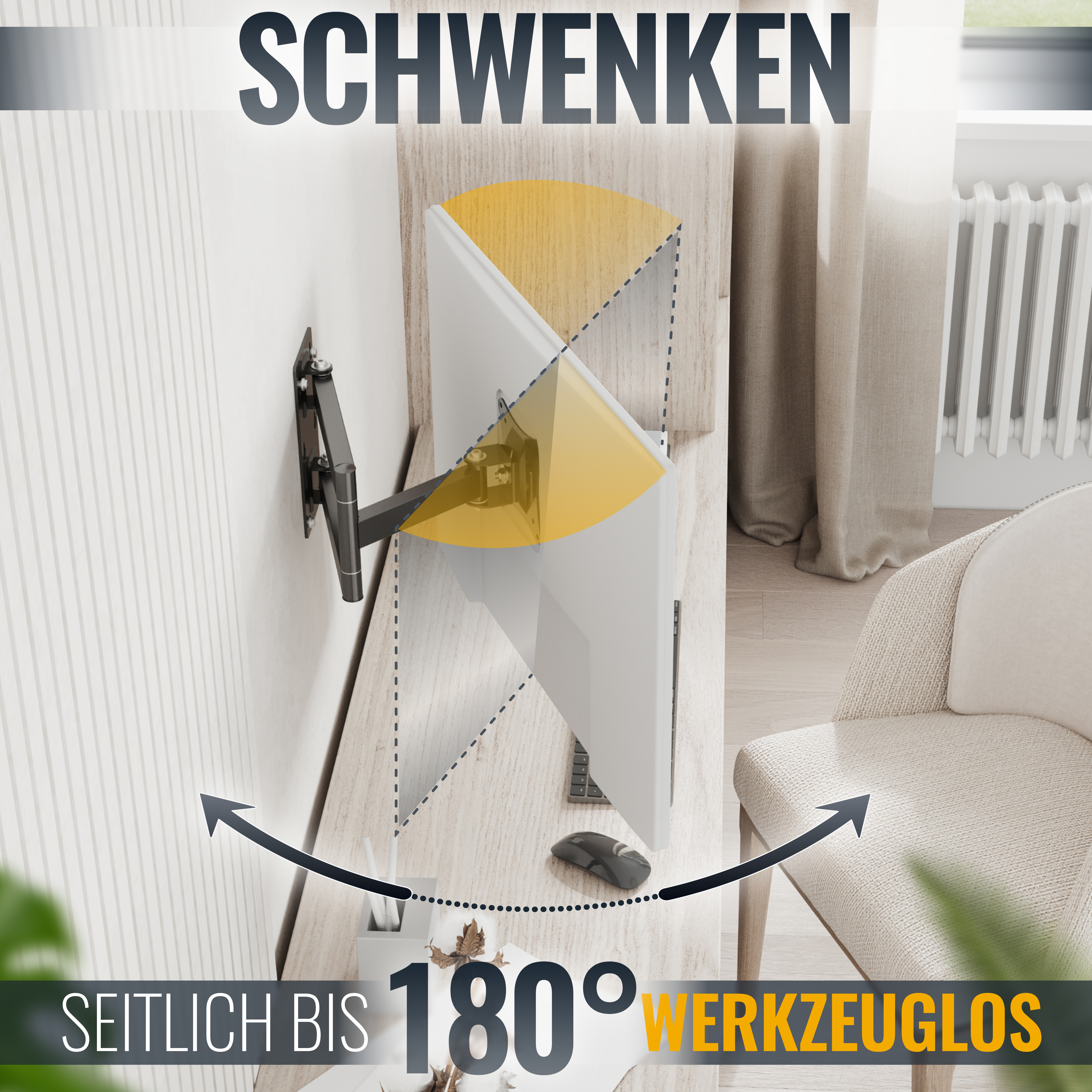 Ein Fernseher an der Wand mit Text über die Schwenkfunktion bis zu 180 Grad.