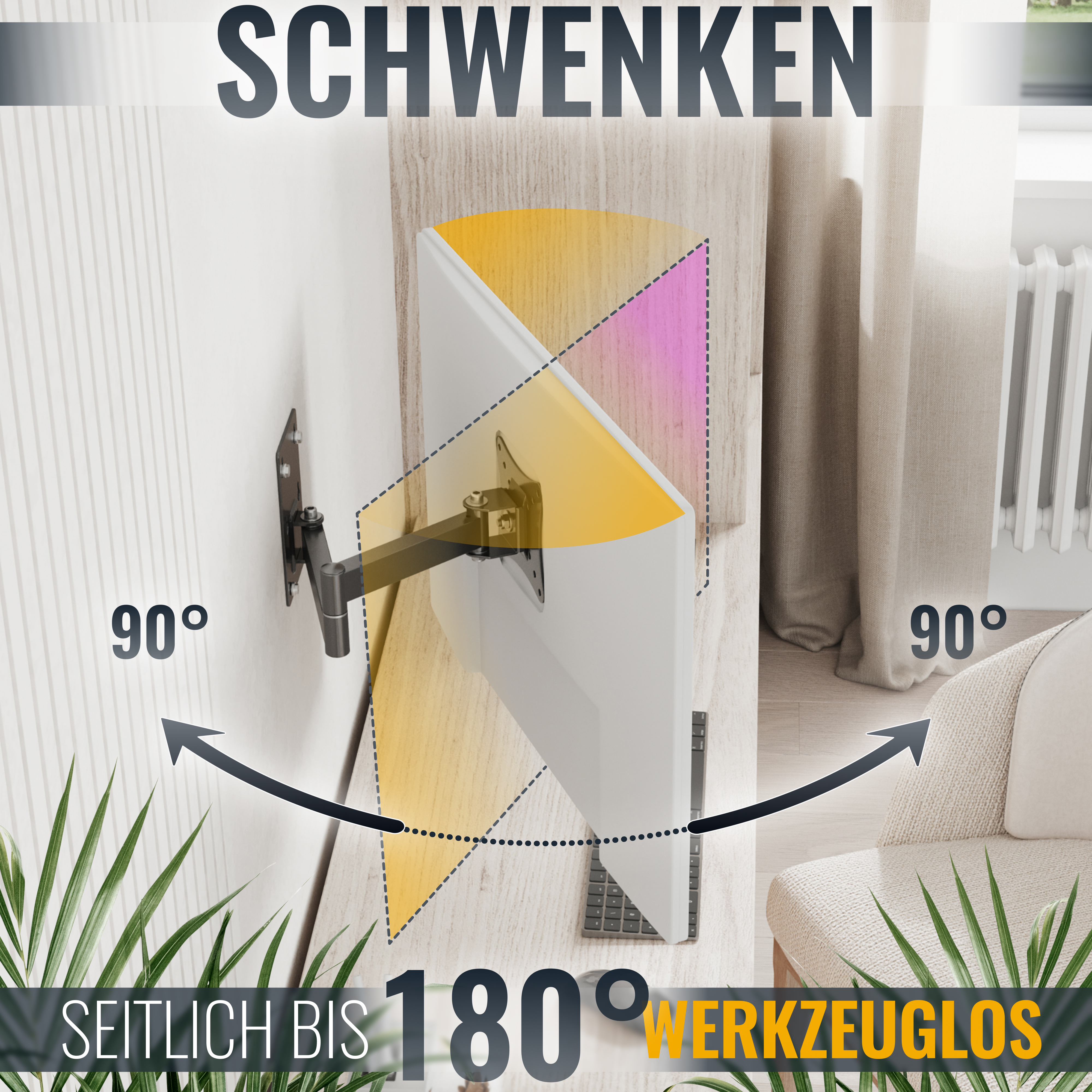 Fernseher an einer schwenkbaren Halterung, 90-Grad-Drehung mit Text und Pfeilen.