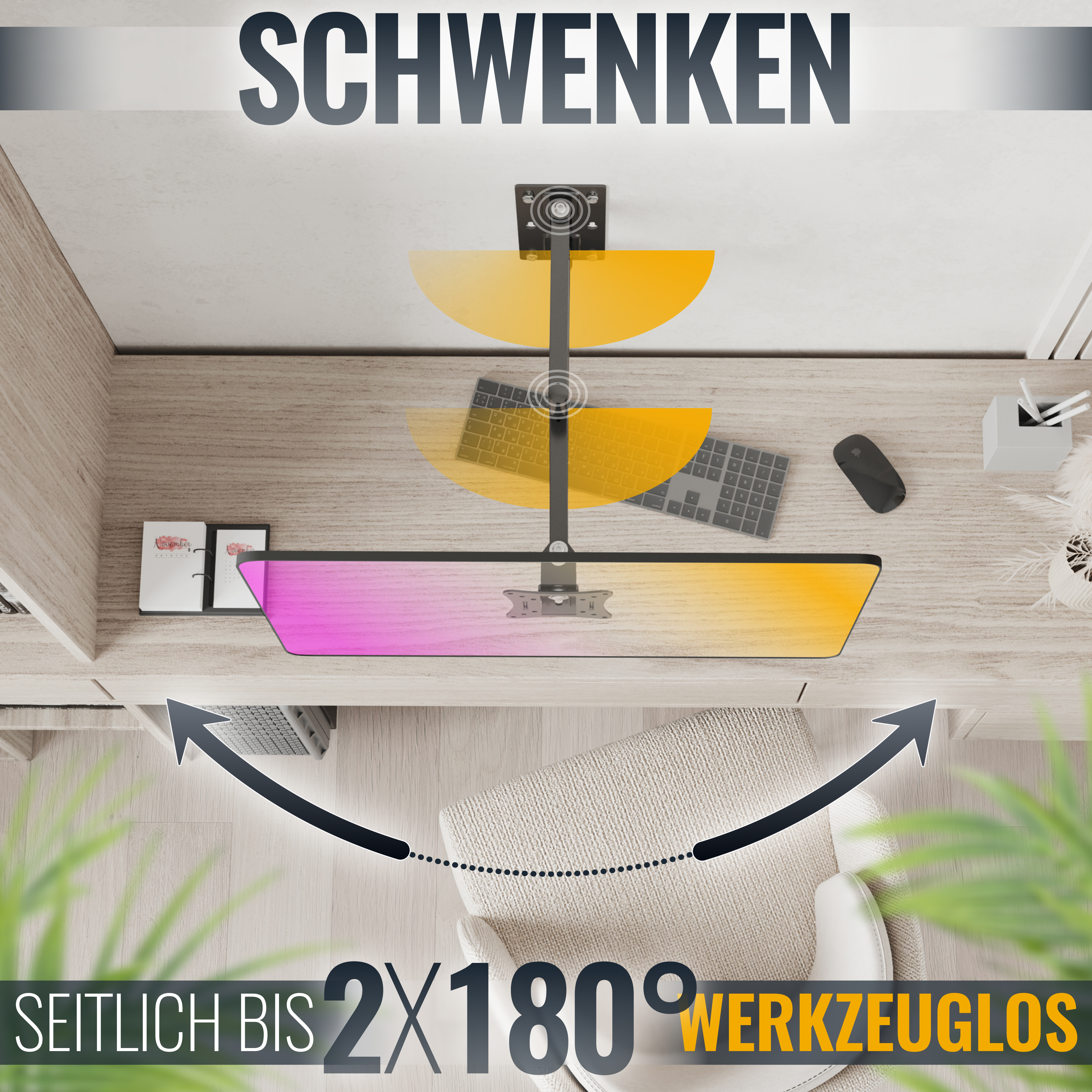Draufsicht auf ein Setup mit Monitor, Tastatur und Maus, Text 'SCHWENKEN'.