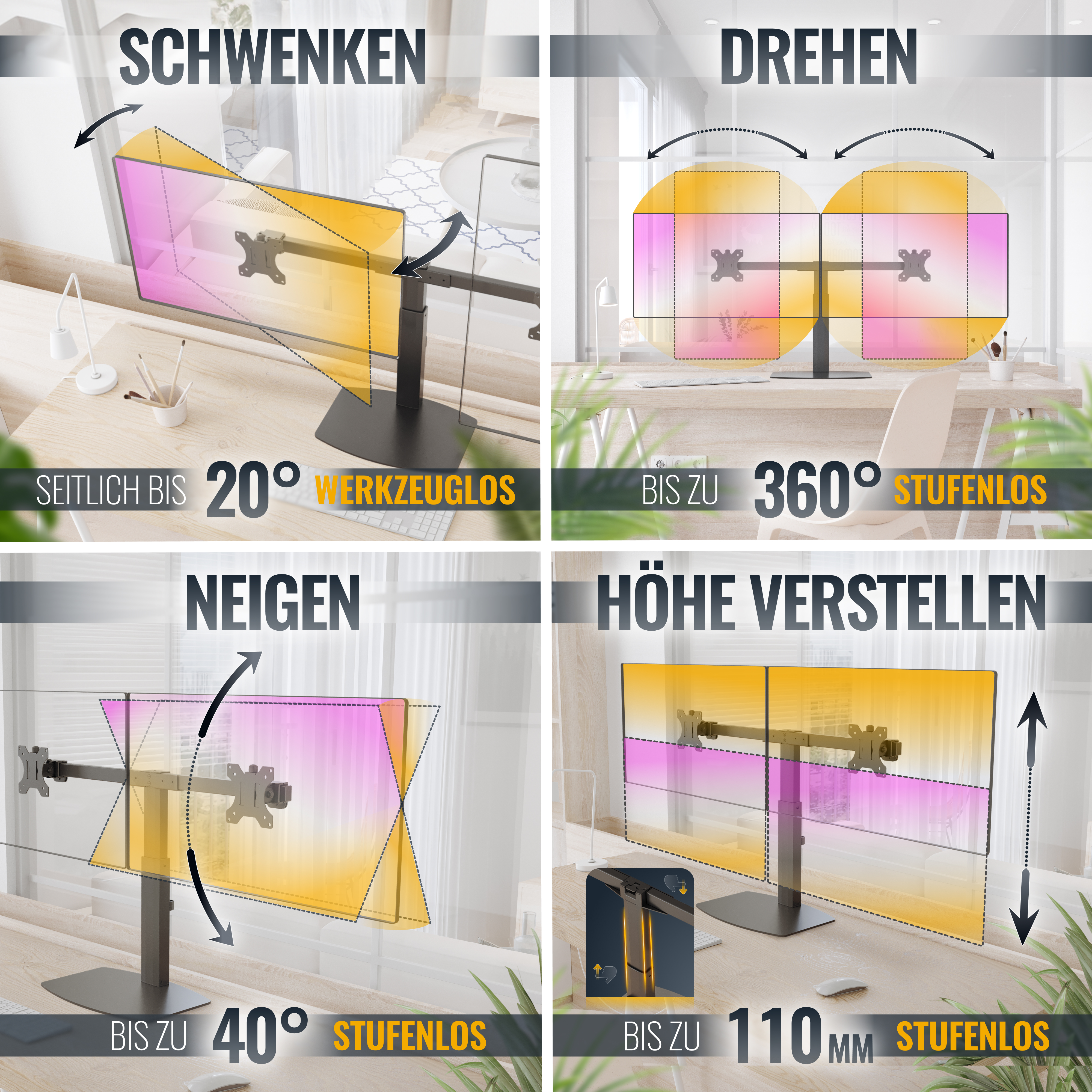 Diagramm, das Monitoreinstellungen zeigt: Schwenken, Drehen, Neigen und Höhenverstellung. Text auf Deutsch.