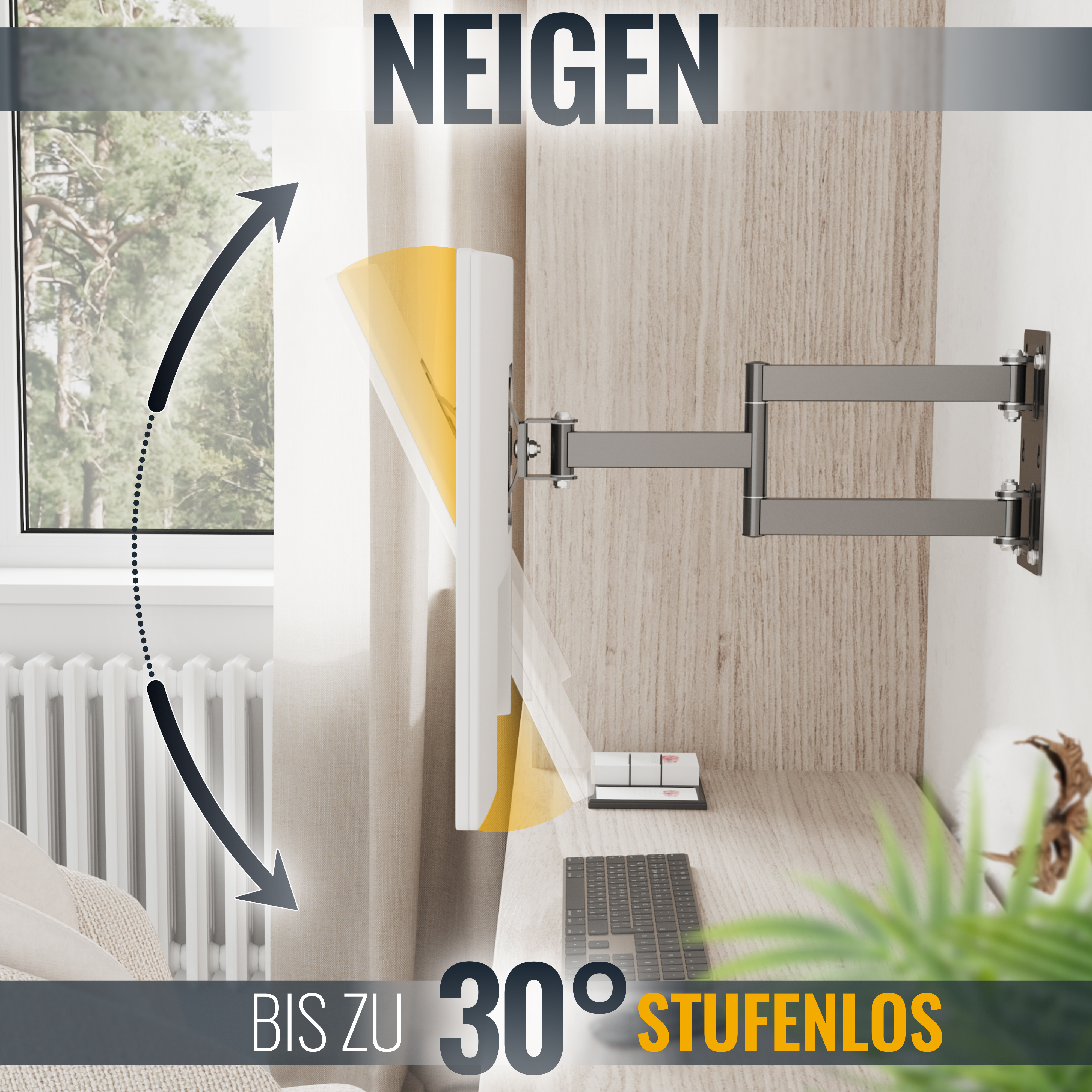 TV-Halterung mit deutschem Text, Pfeilen und teilweise sichtbarem Fernsehbild an einer Wand.