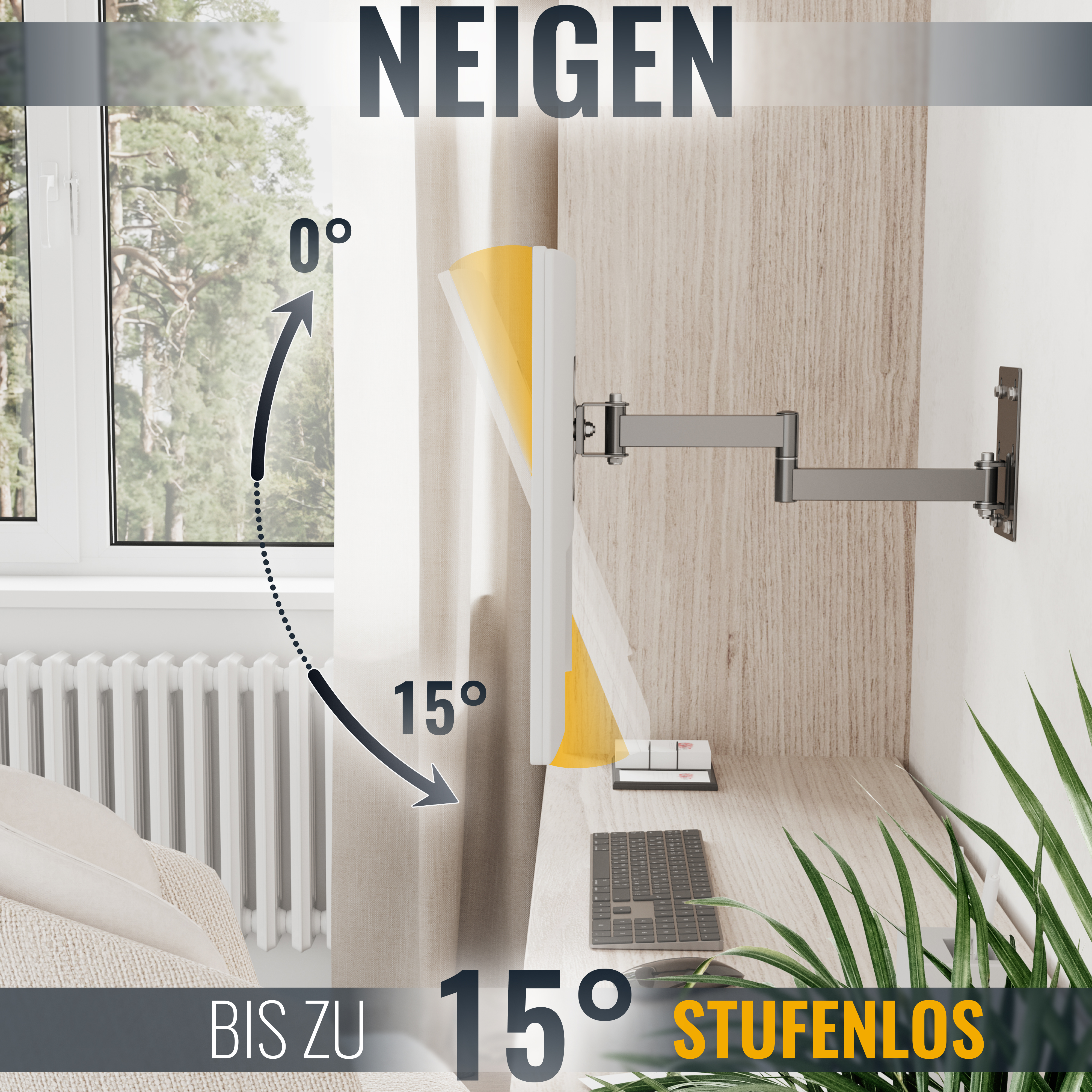 Eine Wand-TV-Halterung mit einstellbarer Neigung, zeigt Winkelgrade und einen Schreibtisch mit Tastatur.