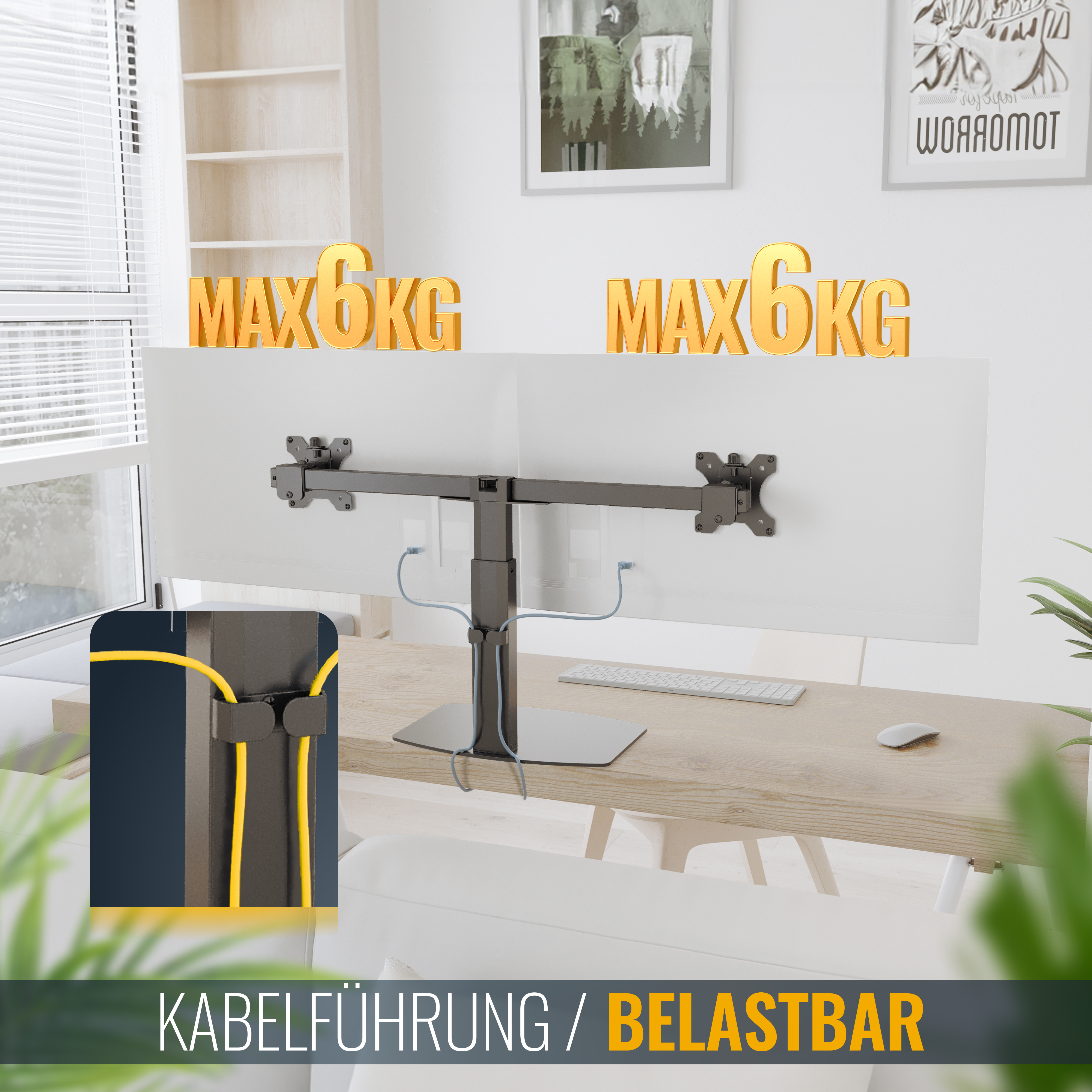 Ein Schreibtisch-Setup mit Monitoren, einem Ständer und Kabelführung. Text sagt MAX 6KG.